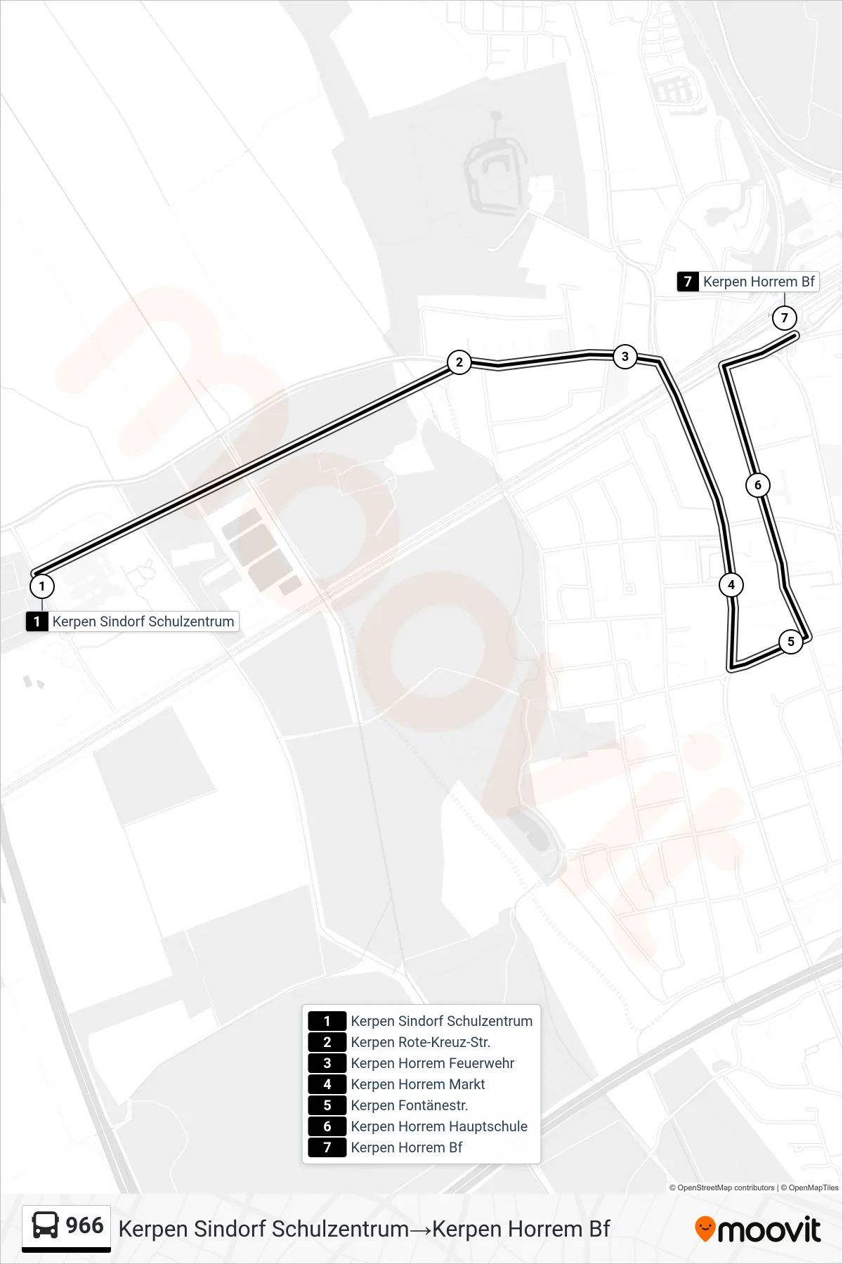 966 bus Line (Kerpen Sindorf Schulzentrum→Kerpen Horrem Bf) route and stops on a map