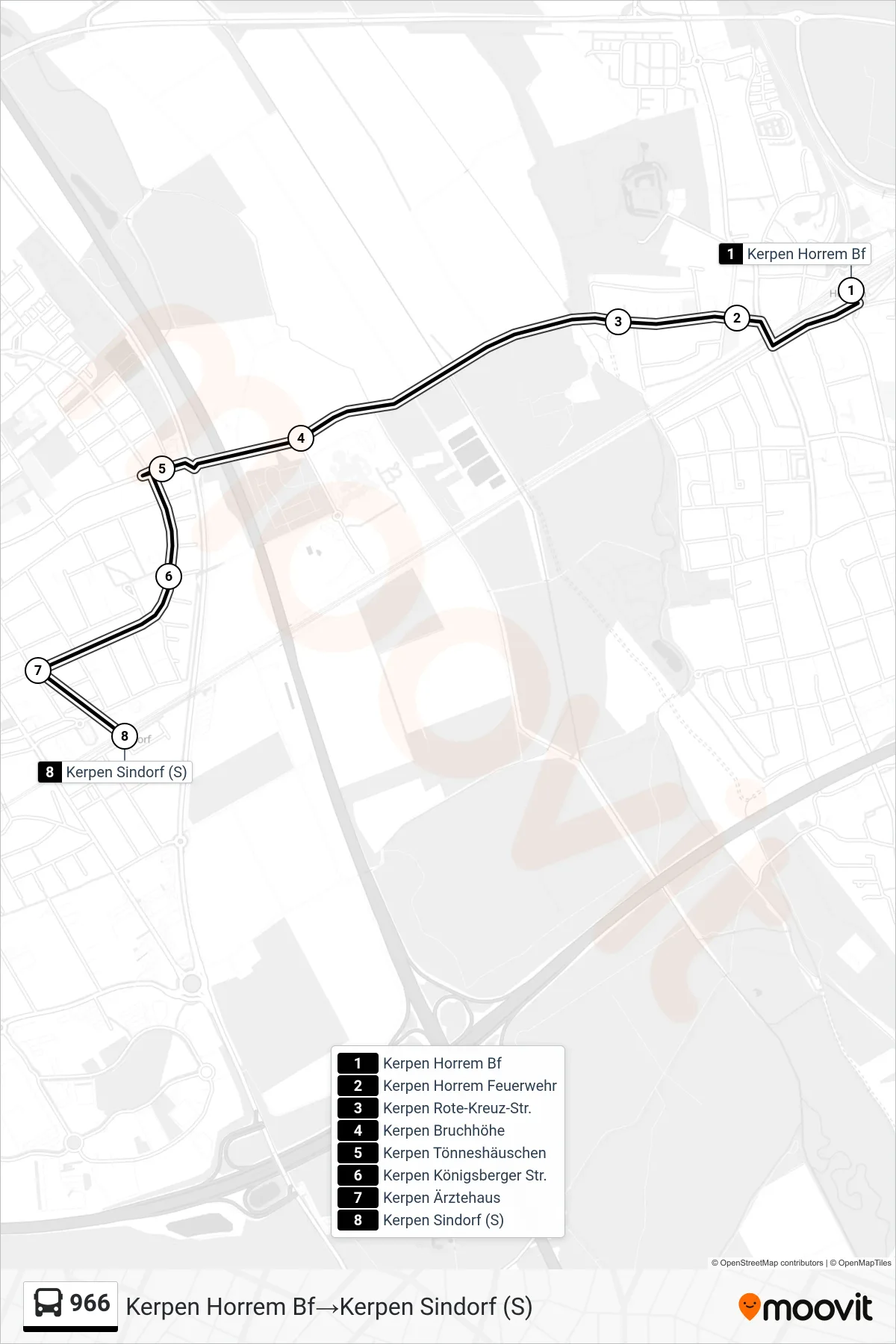 Linie 966 (Bus) Richtung Kerpen Horrem Bf‎→Kerpen Sindorf (S): Route und Haltestellen auf der Karte