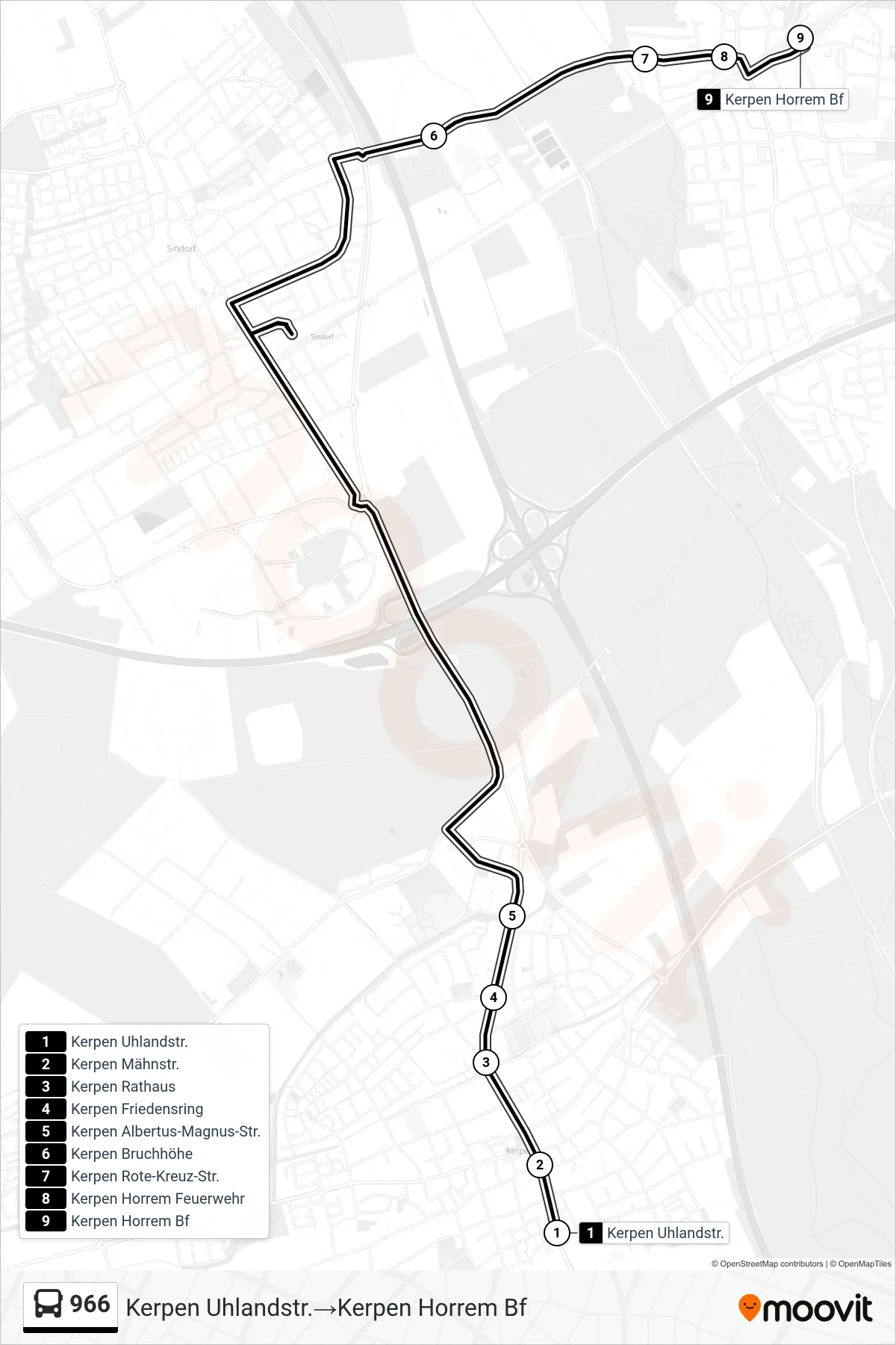 Linie 966 (Bus) Richtung Kerpen Uhlandstr.‎→Kerpen Horrem Bf: Route und Haltestellen auf der Karte