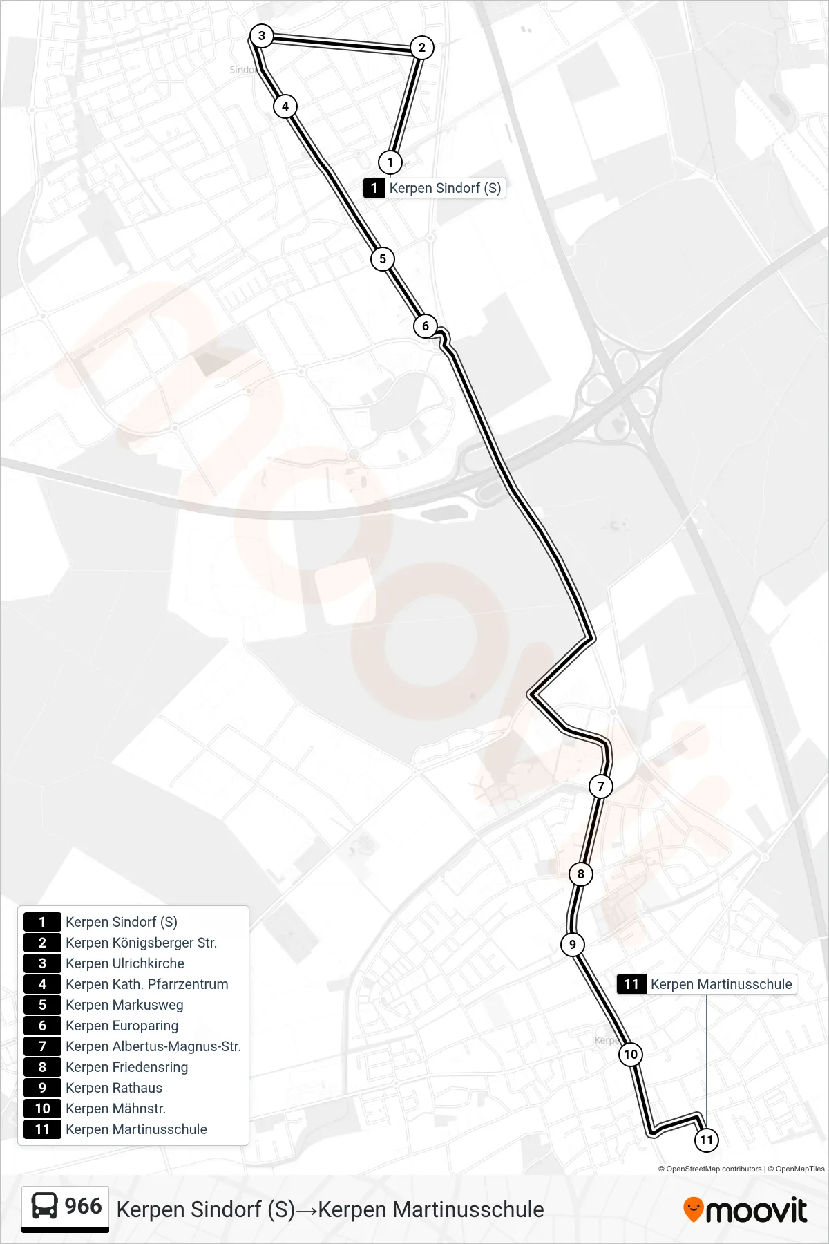966 bus Line (Kerpen Sindorf (S)‎→Kerpen Martinusschule) route and stops on a map