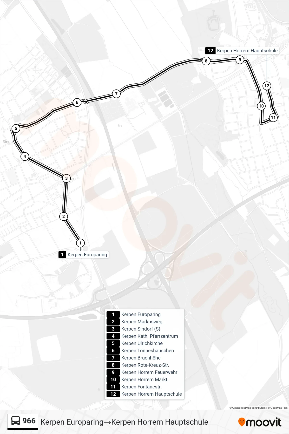 Linie 966 (Bus) Richtung Kerpen Europaring‎→Kerpen Horrem Hauptschule: Route und Haltestellen auf der Karte