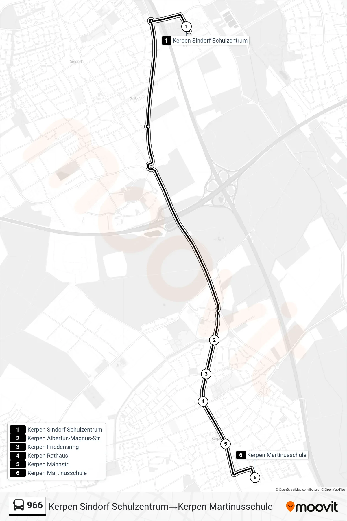 Linie 966 (Bus) Richtung Kerpen Sindorf Schulzentrum‎→Kerpen Martinusschule: Route und Haltestellen auf der Karte
