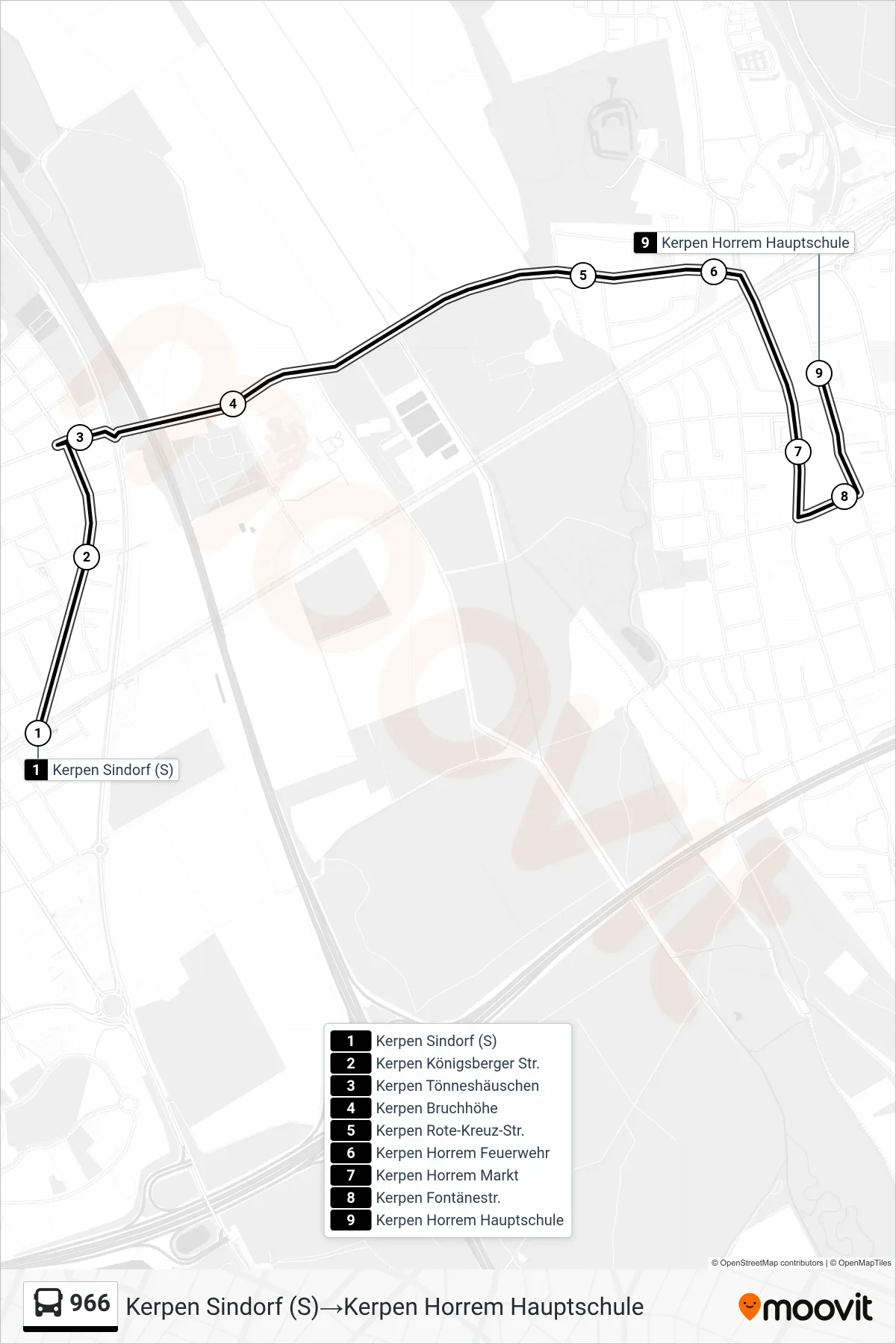Linie 966 (Bus) Richtung Kerpen Sindorf (S)‎→Kerpen Horrem Hauptschule: Route und Haltestellen auf der Karte