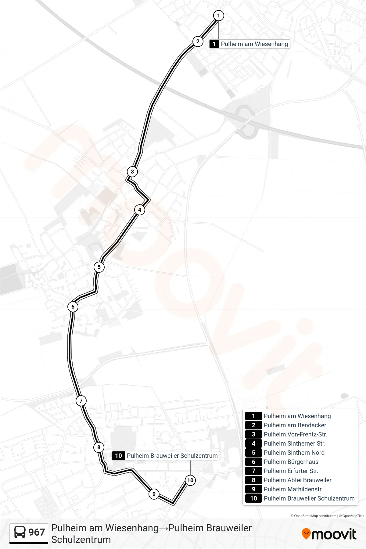 Linie 967 (Bus) Richtung Pulheim am Wiesenhang→Pulheim Brauweiler Schulzentrum: Route und Haltestellen auf der Karte