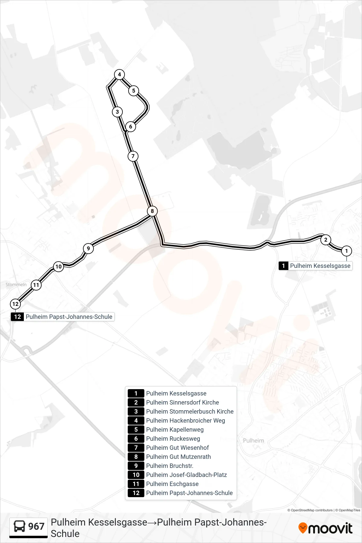 Linie 967 (Bus) Richtung Pulheim Kesselsgasse‎→Pulheim Papst-Johannes-Schule: Route und Haltestellen auf der Karte
