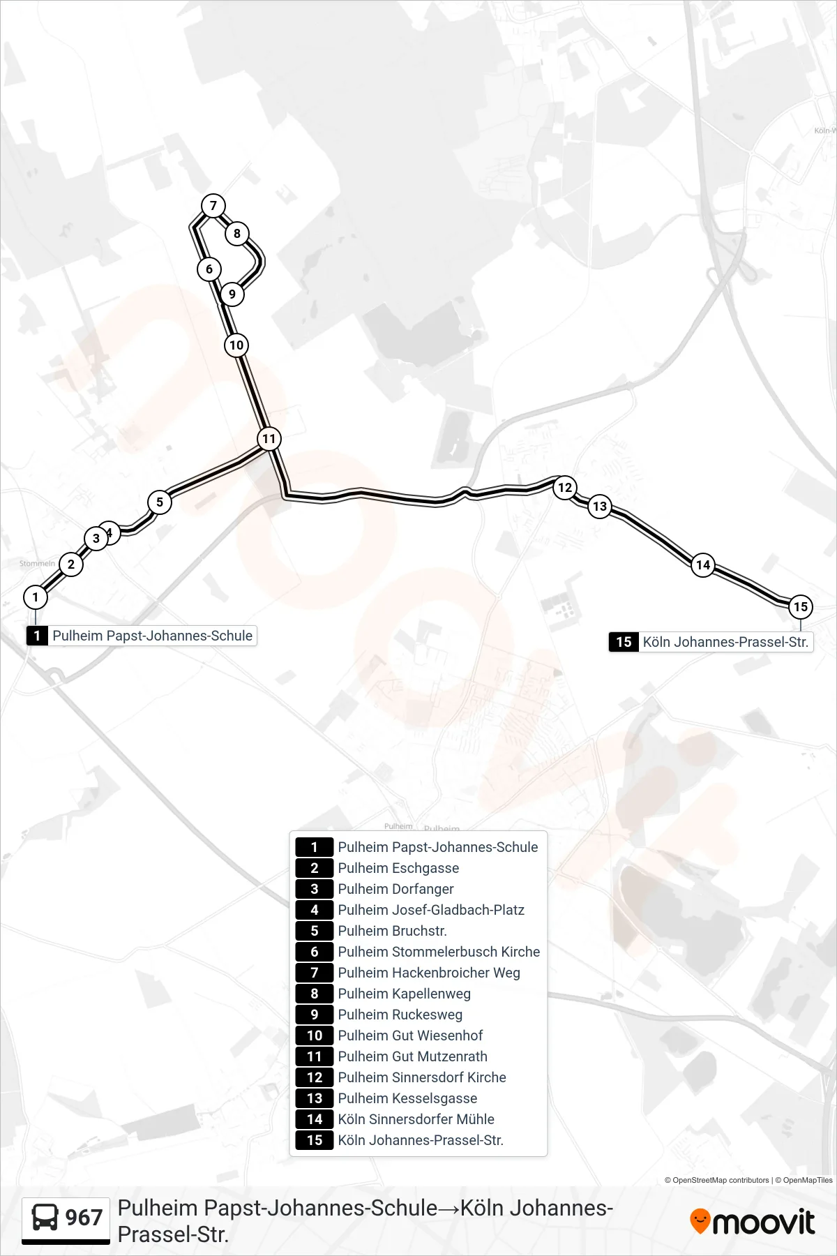 Linie 967 (Bus) Richtung Pulheim Papst-Johannes-Schule→Köln Johannes-Prassel-Str.: Route und Haltestellen auf der Karte