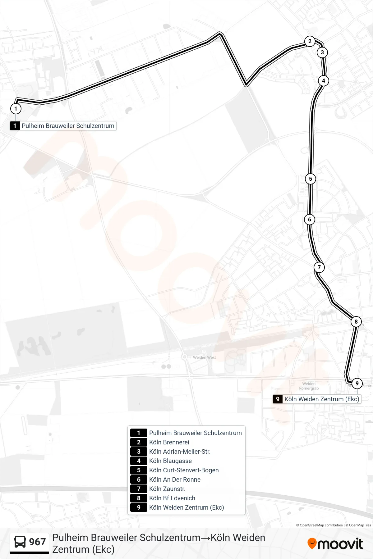 Linie 967 (Bus) Richtung Pulheim Brauweiler Schulzentrum‎→Köln Weiden Zentrum (Ekc): Route und Haltestellen auf der Karte