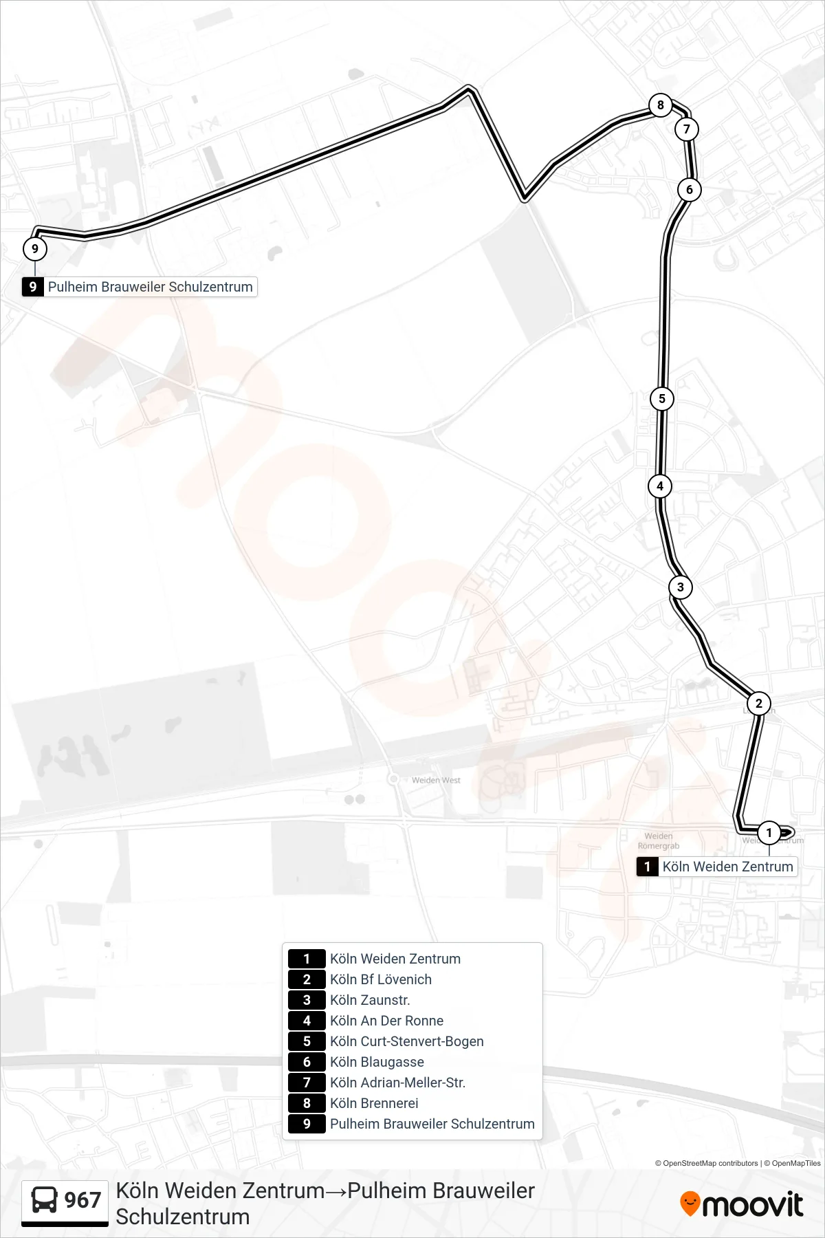 967 bus Line (Köln Weiden Zentrum→Pulheim Brauweiler Schulzentrum) route and stops on a map