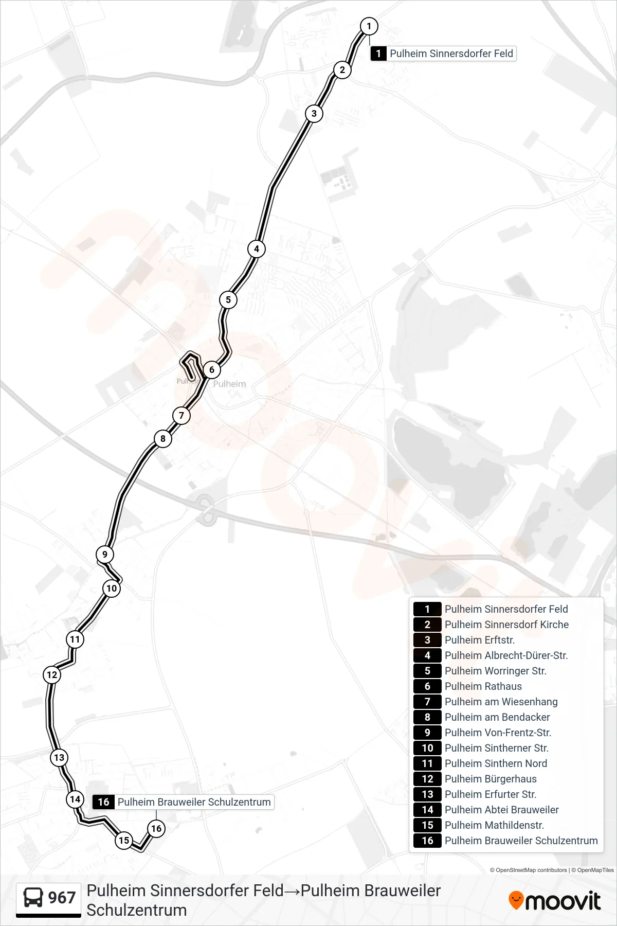 Linie 967 (Bus) Richtung Pulheim Sinnersdorfer Feld→Pulheim Brauweiler Schulzentrum: Route und Haltestellen auf der Karte