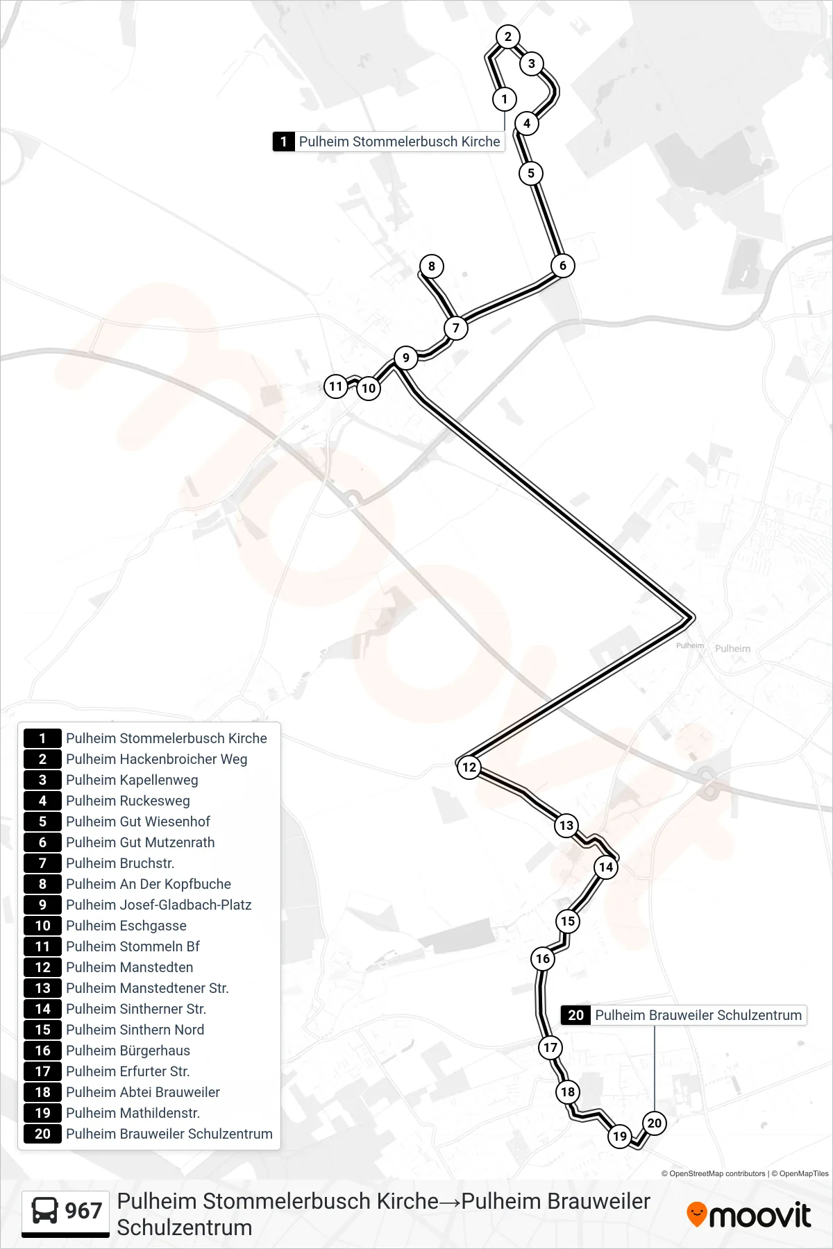 Linie 967 (Bus) Richtung Pulheim Stommelerbusch Kirche→Pulheim Brauweiler Schulzentrum: Route und Haltestellen auf der Karte