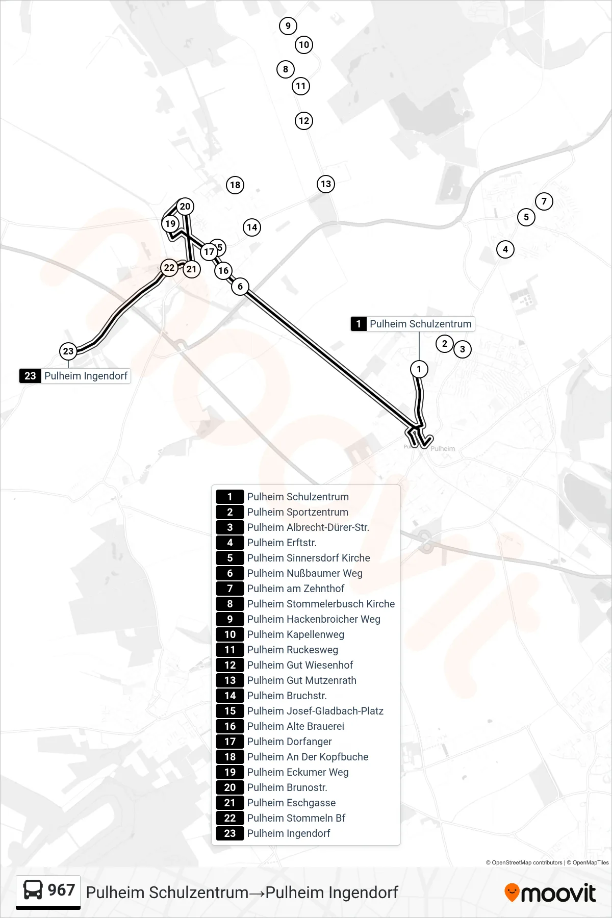 Linie 967 (Bus) Richtung Pulheim Schulzentrum→Pulheim Ingendorf: Route und Haltestellen auf der Karte