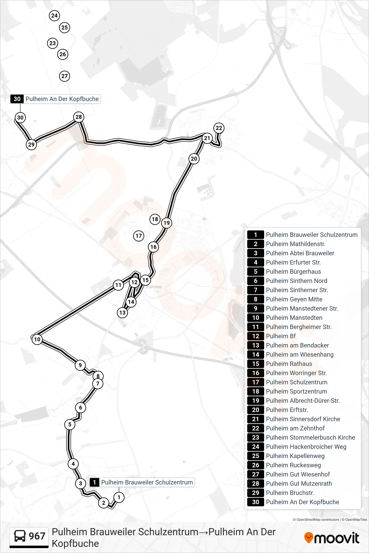 Linie 967 (Bus) Richtung Pulheim Brauweiler Schulzentrum‎→Pulheim An Der Kopfbuche: Route und Haltestellen auf der Karte