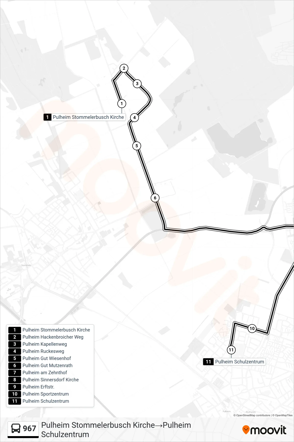 Linie 967 (Bus) Richtung Pulheim Stommelerbusch Kirche→Pulheim Schulzentrum: Route und Haltestellen auf der Karte