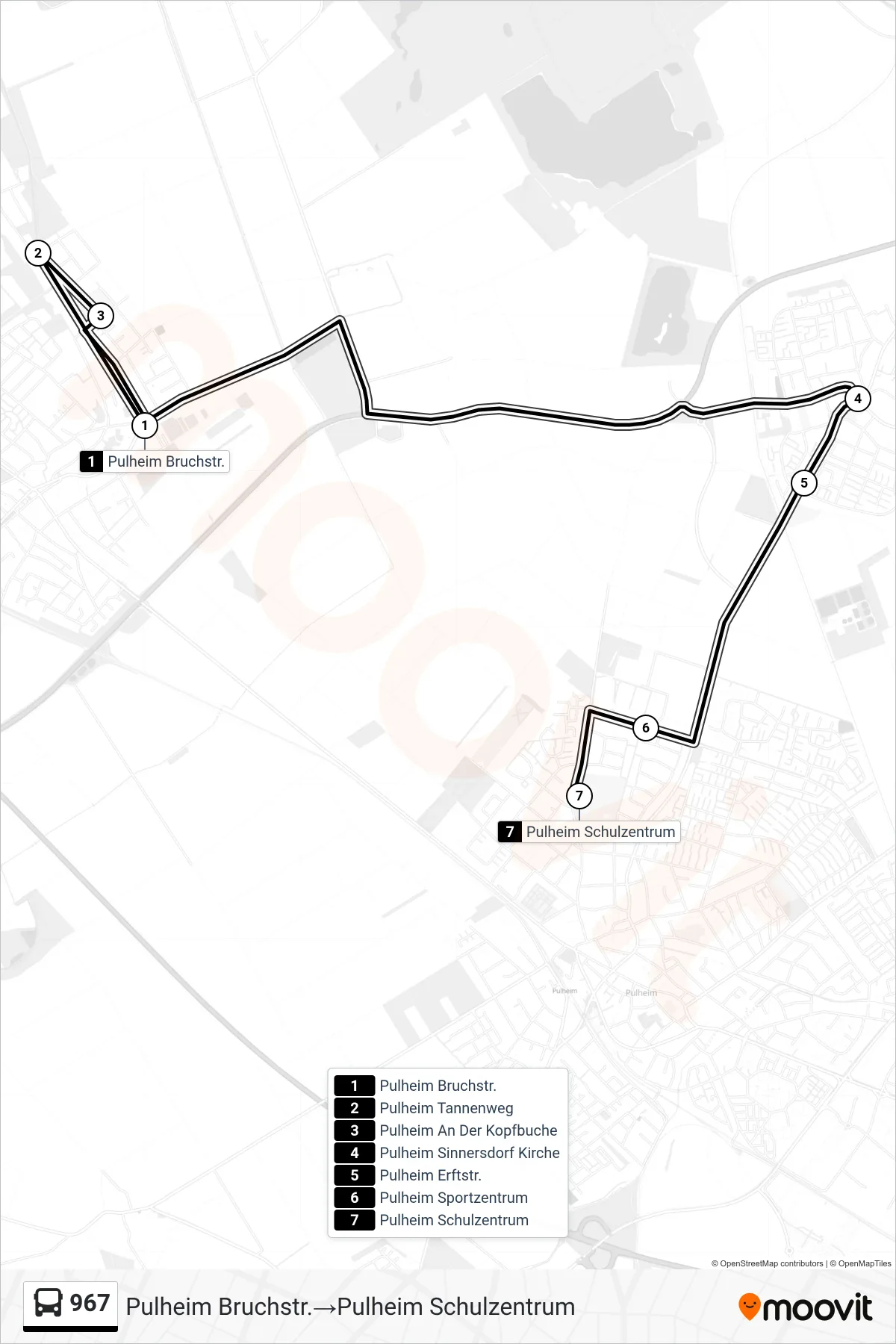 Linie 967 (Bus) Richtung Pulheim Bruchstr.→Pulheim Schulzentrum: Route und Haltestellen auf der Karte