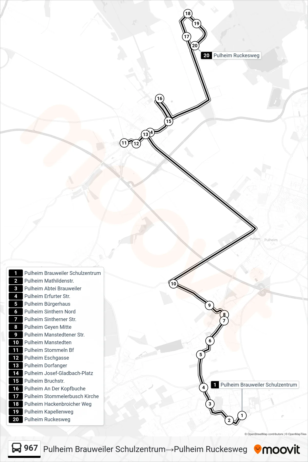 Linie 967 (Bus) Richtung Pulheim Brauweiler Schulzentrum→Pulheim Ruckesweg: Route und Haltestellen auf der Karte