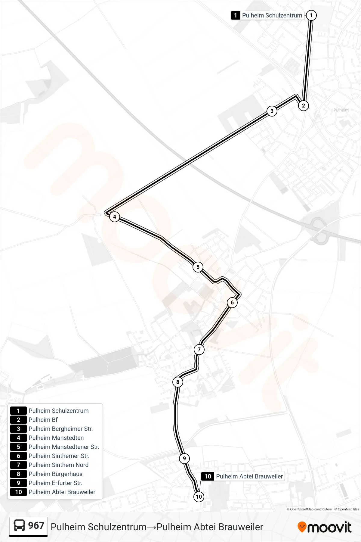 Linie 967 (Bus) Richtung Pulheim Schulzentrum→Pulheim Abtei Brauweiler: Route und Haltestellen auf der Karte
