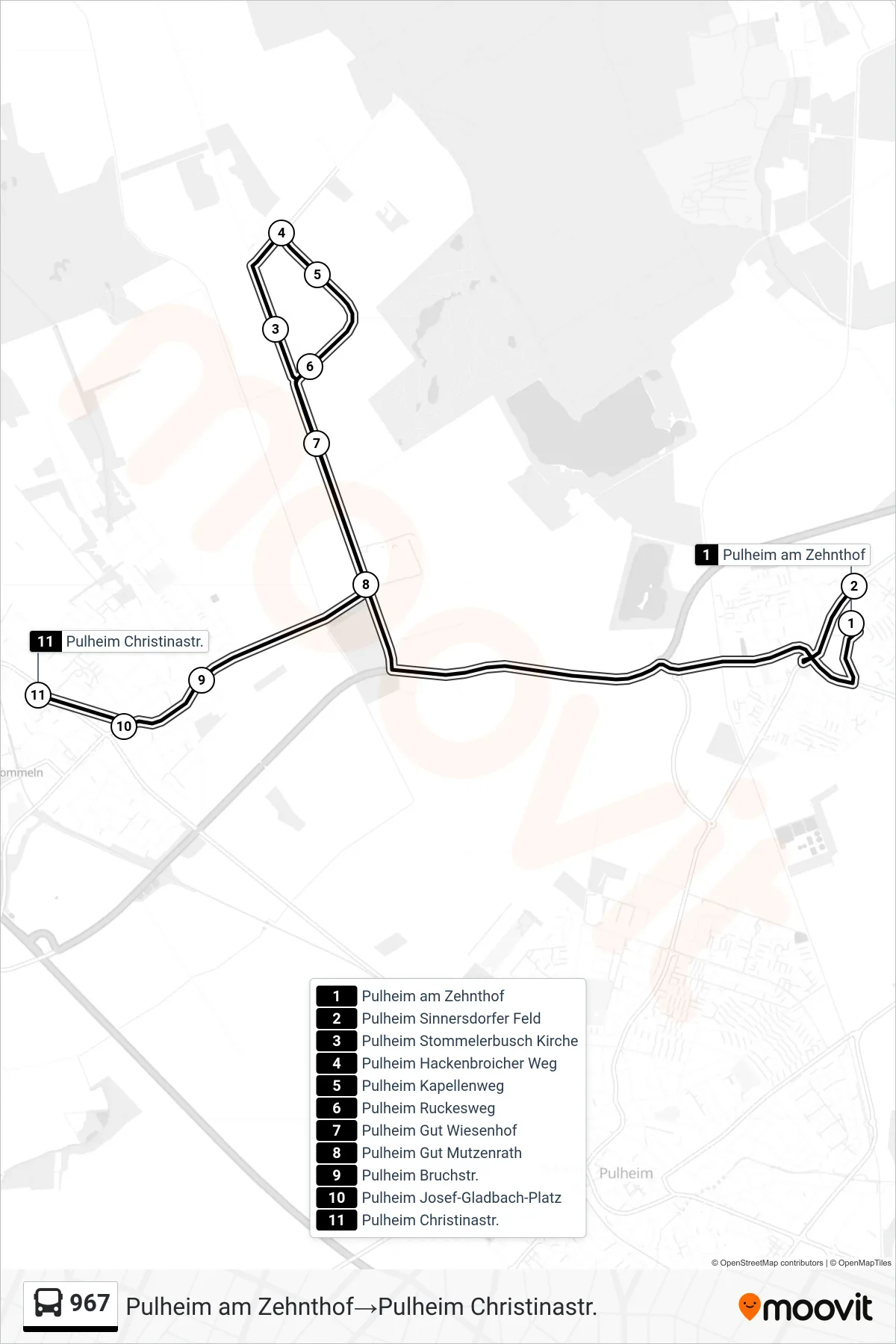 Linie 967 (Bus) Richtung Pulheim am Zehnthof→Pulheim Christinastr.: Route und Haltestellen auf der Karte