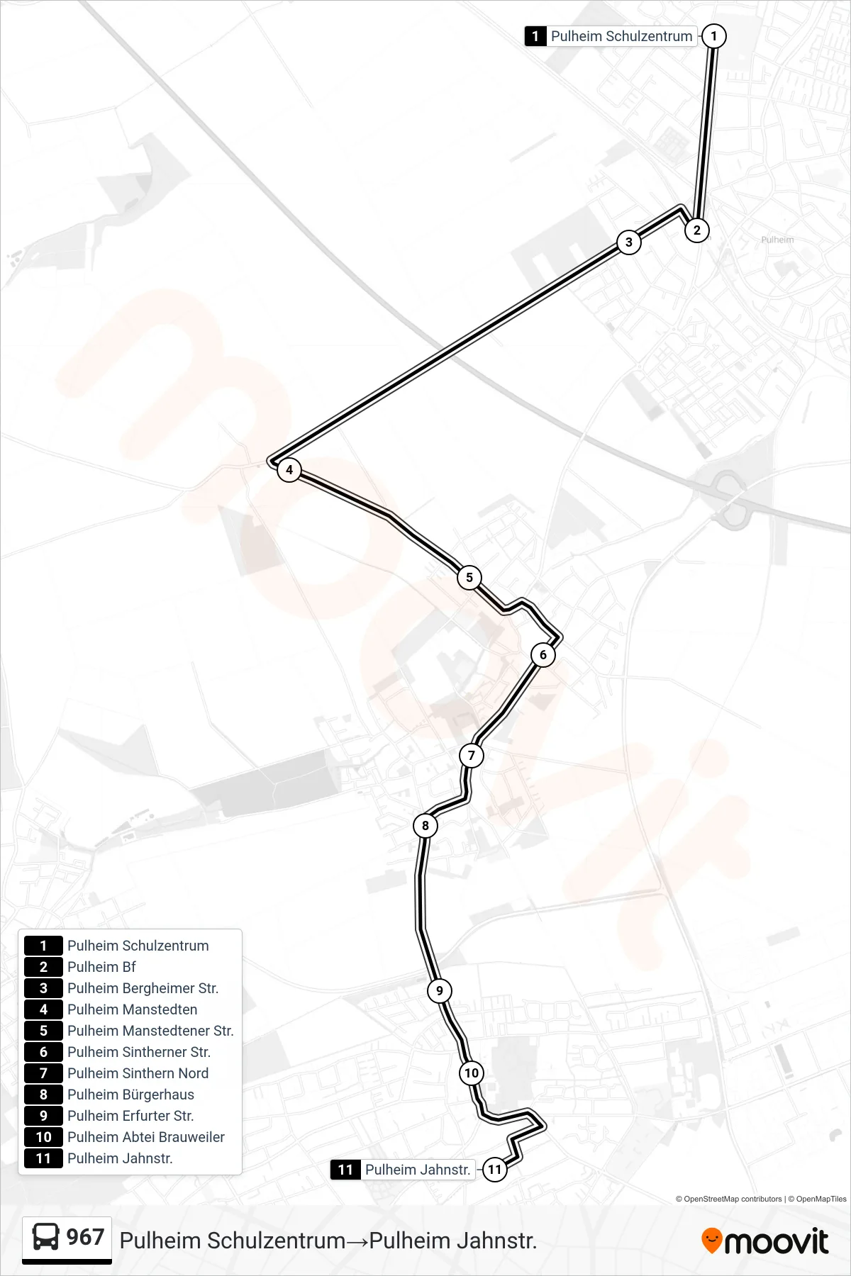 Linie 967 (Bus) Richtung Pulheim Schulzentrum→Pulheim Jahnstr.: Route und Haltestellen auf der Karte