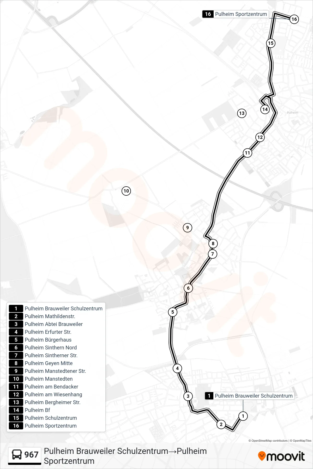 Linie 967 (Bus) Richtung Pulheim Brauweiler Schulzentrum→Pulheim Sportzentrum: Route und Haltestellen auf der Karte