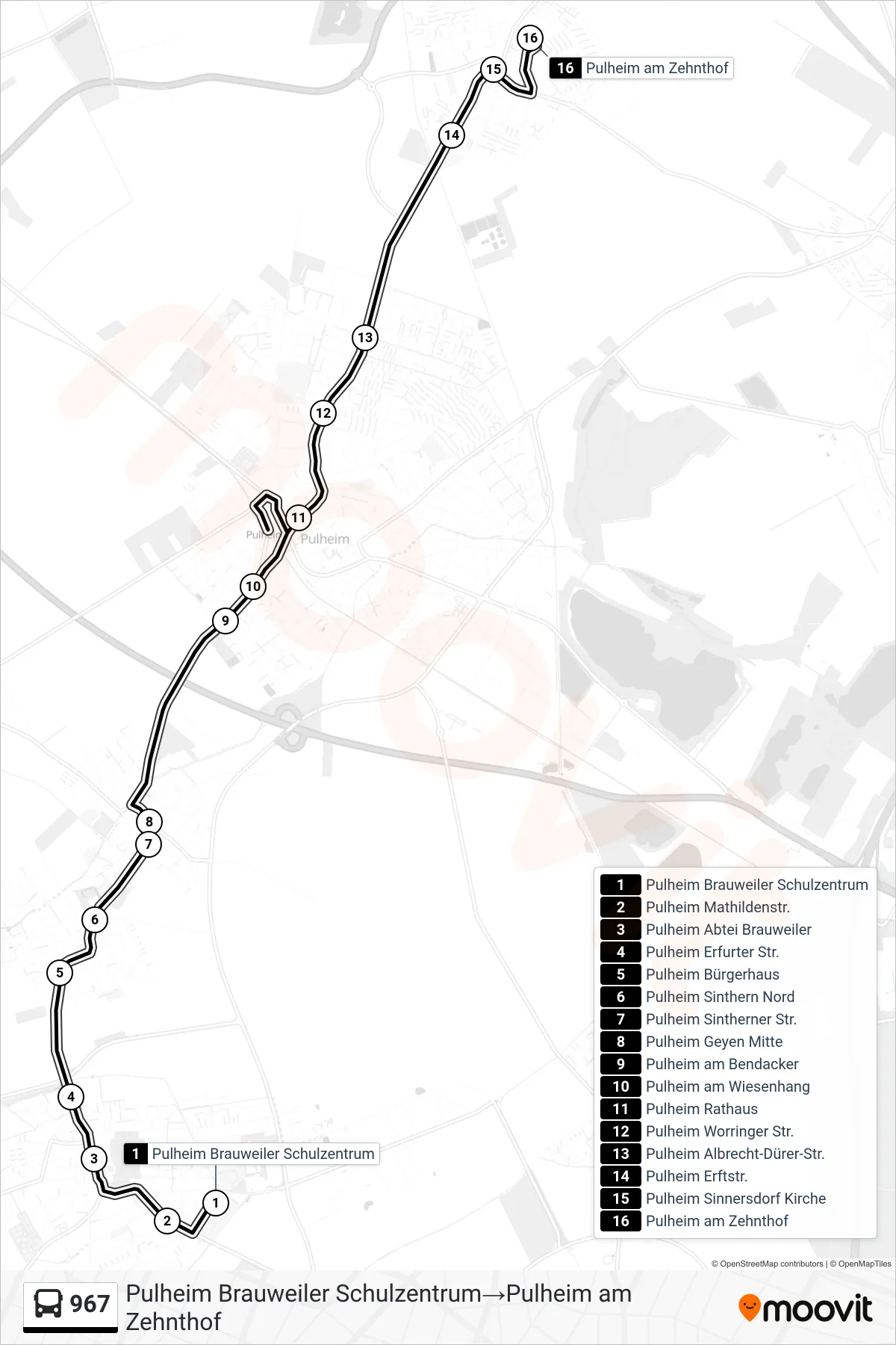 Linie 967 (Bus) Richtung Pulheim Brauweiler Schulzentrum→Pulheim am Zehnthof: Route und Haltestellen auf der Karte