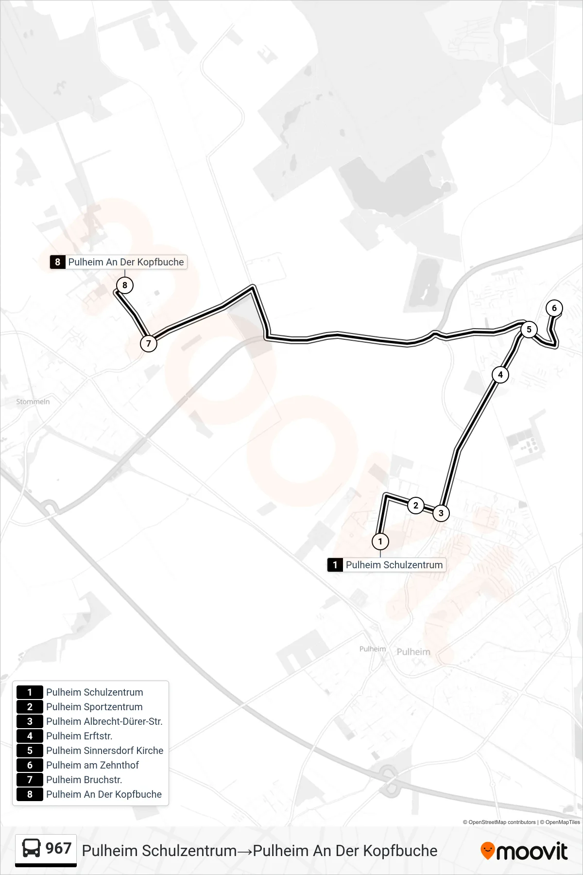 Linie 967 (Bus) Richtung Pulheim Schulzentrum‎→Pulheim An Der Kopfbuche: Route und Haltestellen auf der Karte