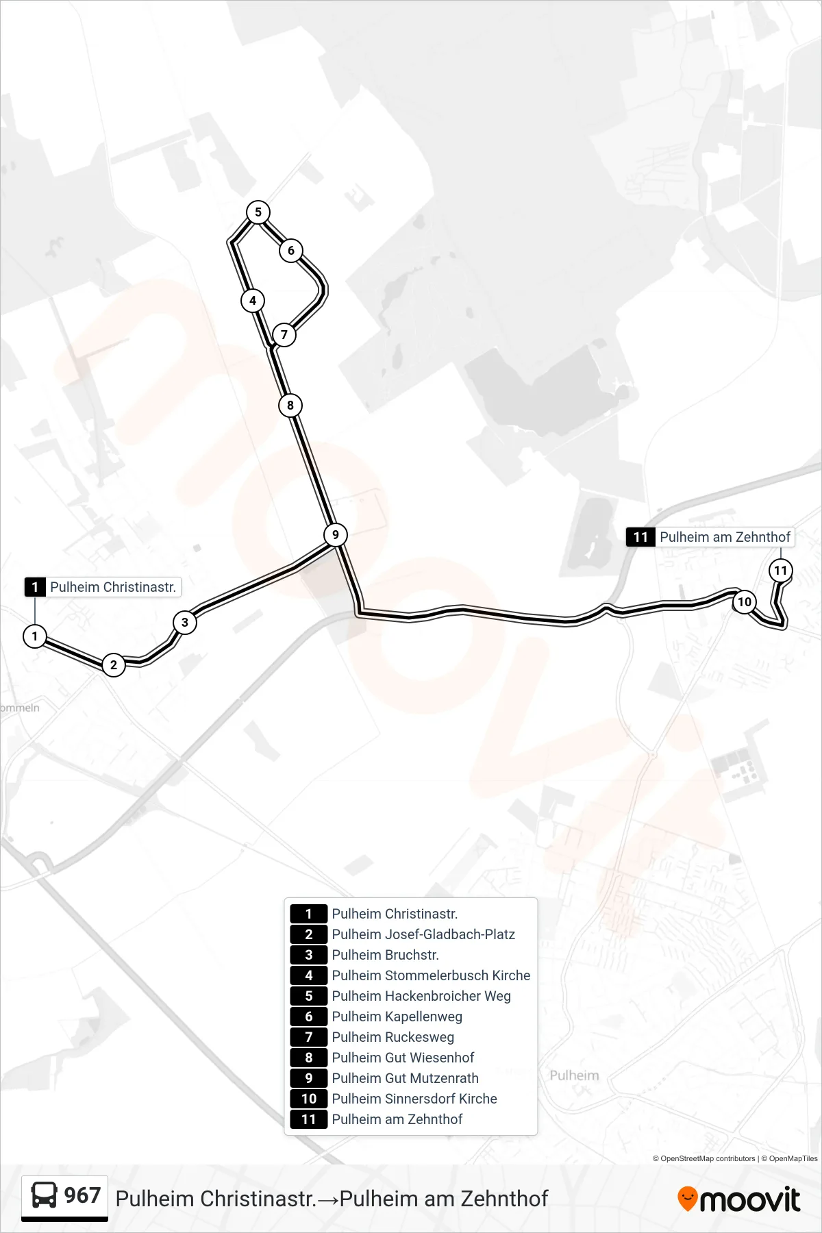 Linie 967 (Bus) Richtung Pulheim Christinastr.→Pulheim am Zehnthof: Route und Haltestellen auf der Karte