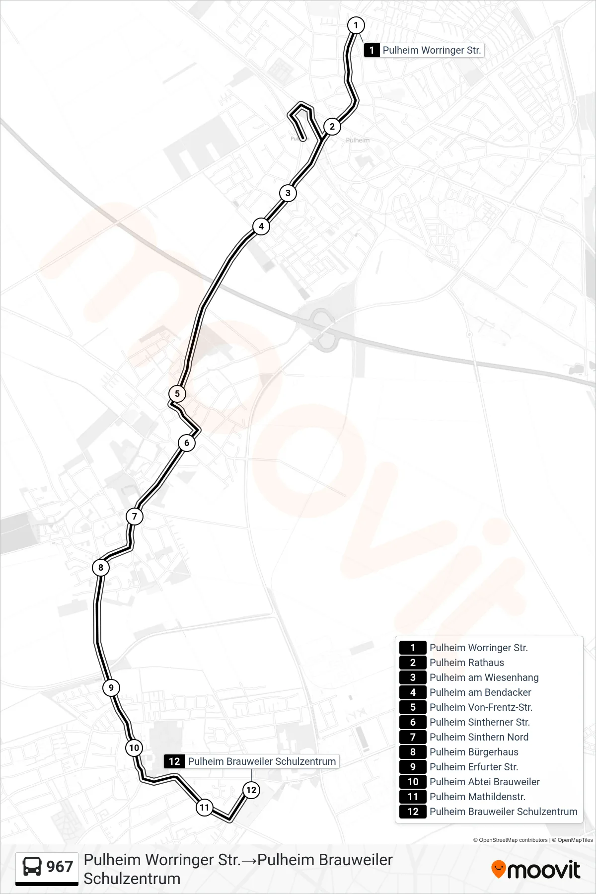 Linie 967 (Bus) Richtung Pulheim Worringer Str.→Pulheim Brauweiler Schulzentrum: Route und Haltestellen auf der Karte