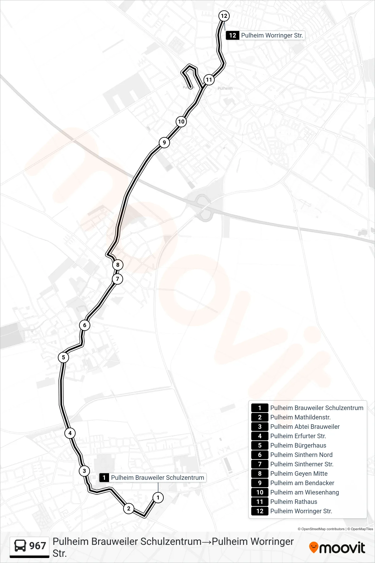Linie 967 (Bus) Richtung Pulheim Brauweiler Schulzentrum‎→Pulheim Worringer Str.: Route und Haltestellen auf der Karte