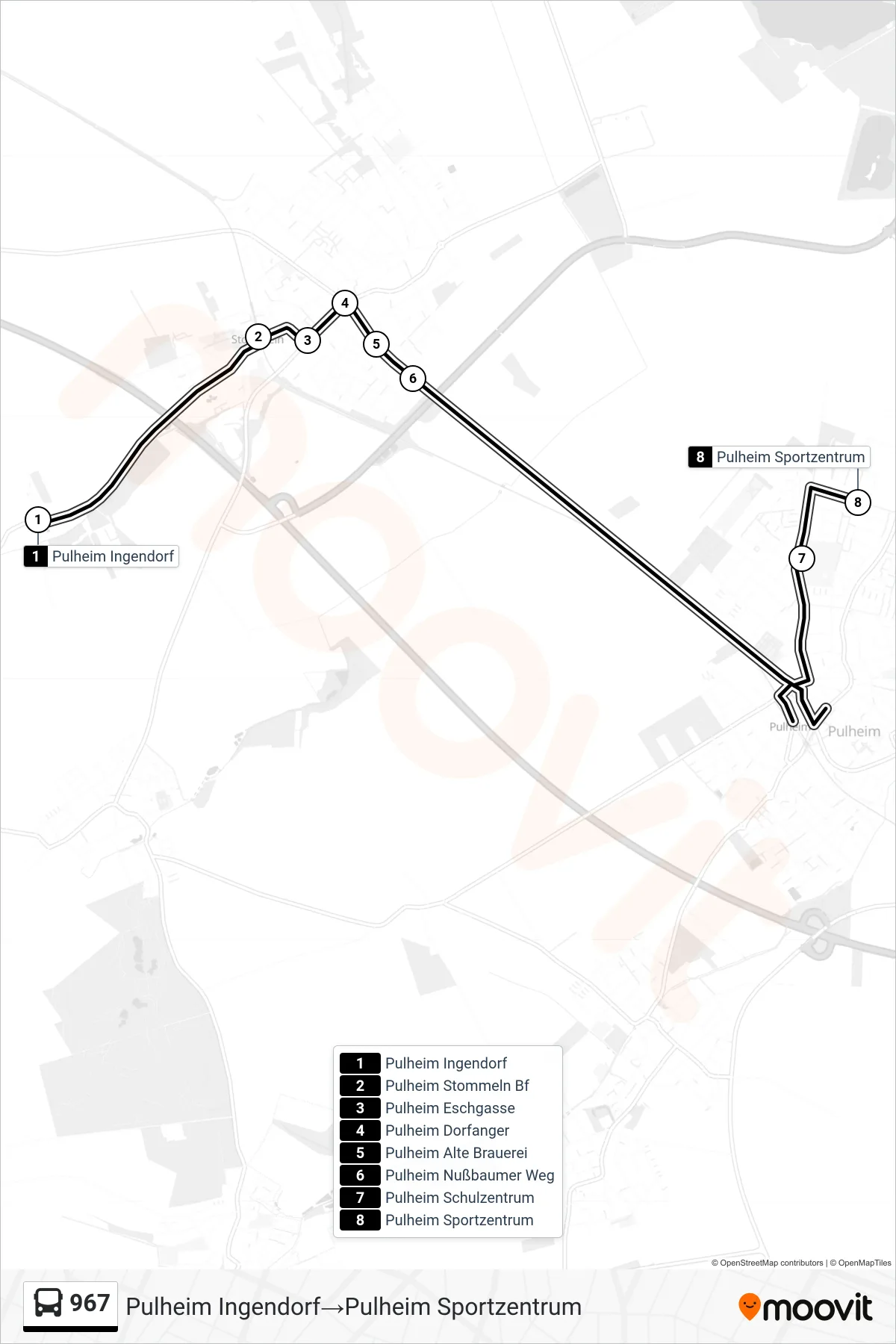 Linie 967 (Bus) Richtung Pulheim Ingendorf‎→Pulheim Sportzentrum: Route und Haltestellen auf der Karte