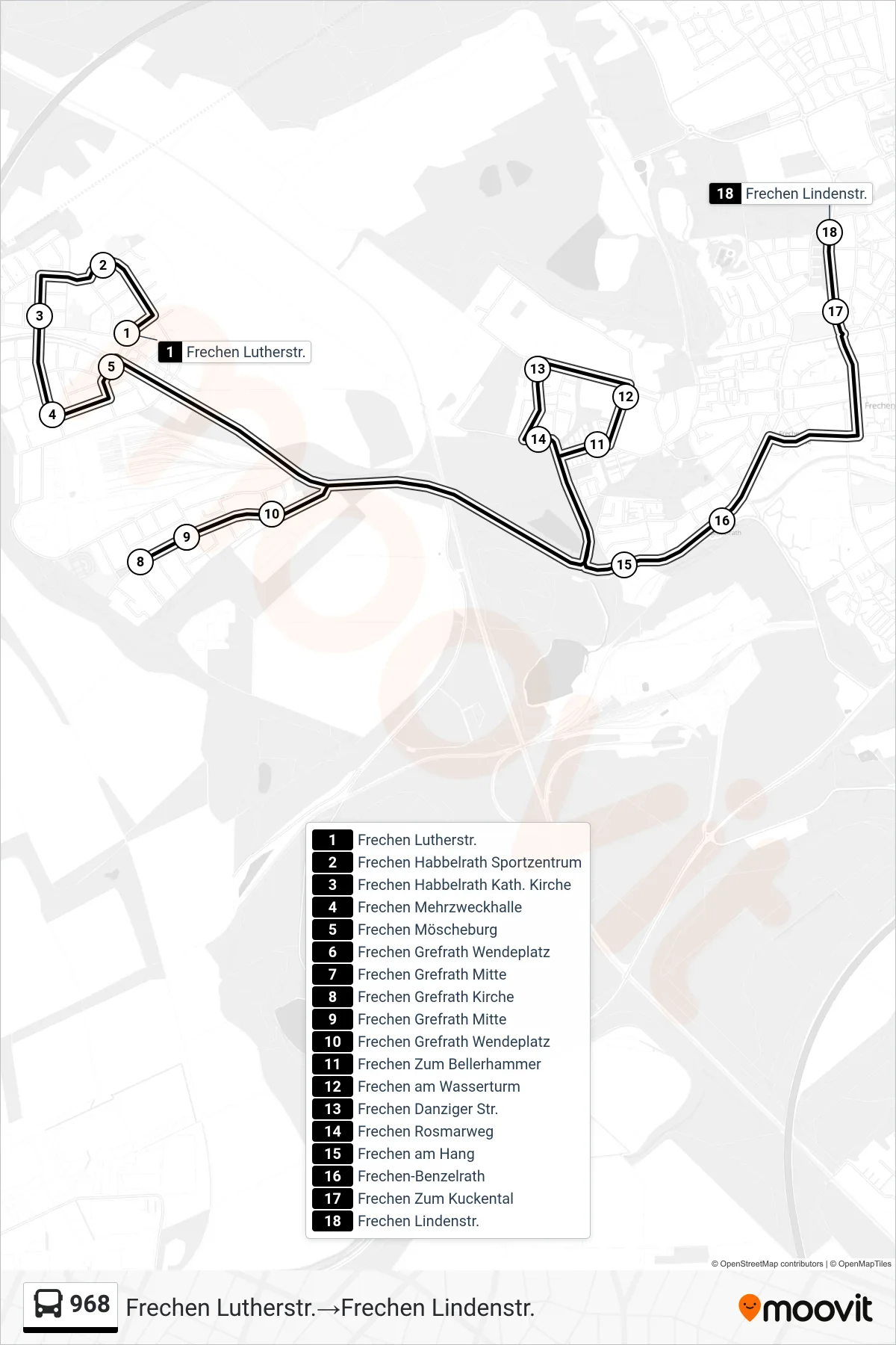 Linie 968 (Bus) Richtung Frechen Lutherstr.→Frechen Lindenstr.: Route und Haltestellen auf der Karte