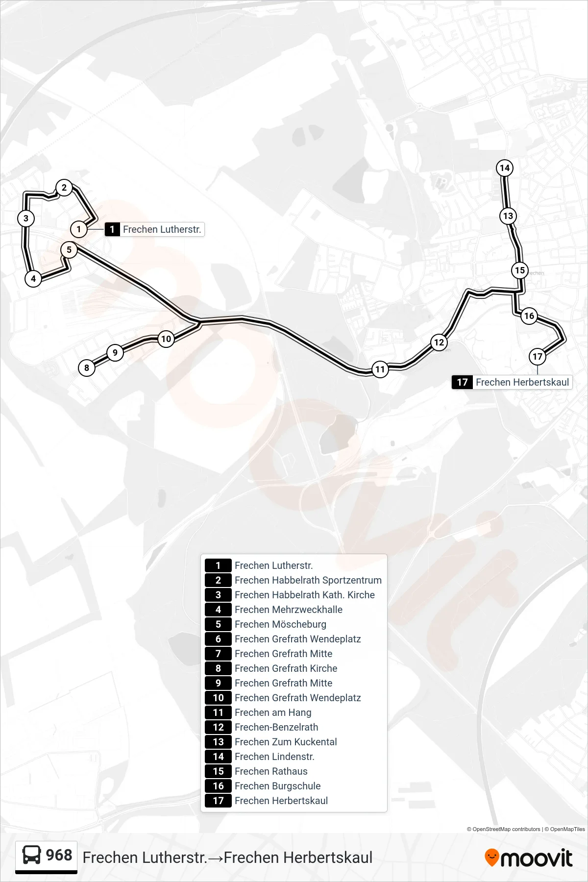 Linie 968 (Bus) Richtung Frechen Lutherstr.→Frechen Herbertskaul: Route und Haltestellen auf der Karte