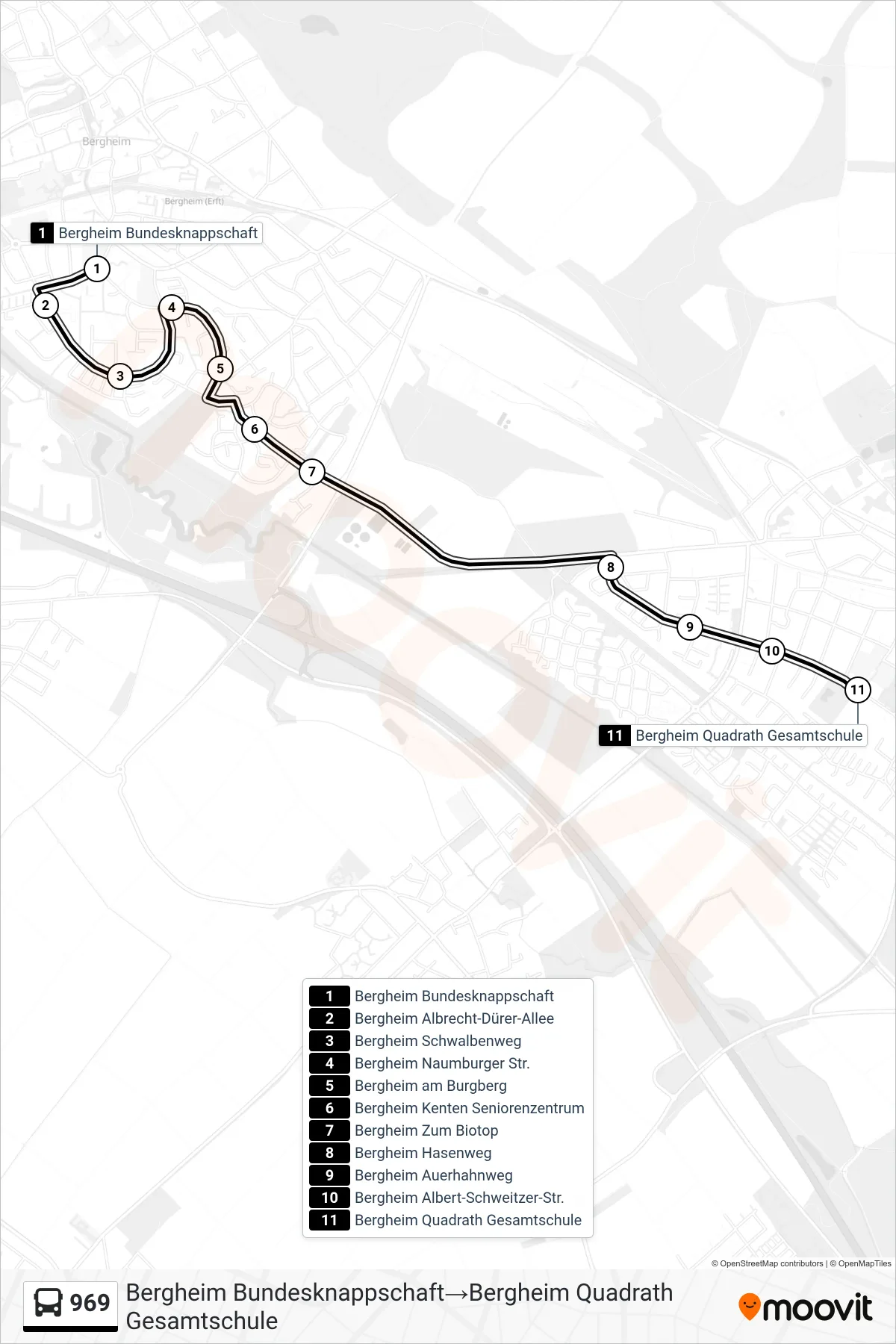 969 bus Line (Bergheim Bundesknappschaft→Bergheim Quadrath Gesamtschule) route and stops on a map