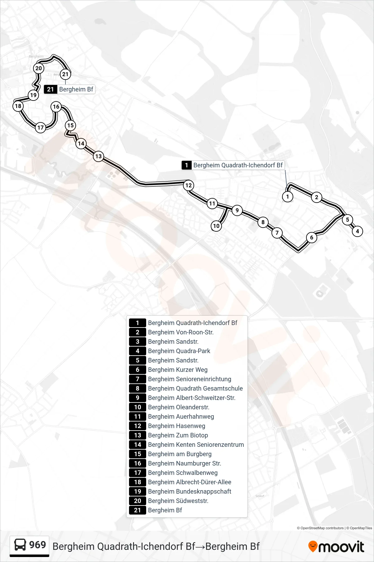 969 bus Line (Bergheim Quadrath-Ichendorf Bf‎→Bergheim Bf) route and stops on a map