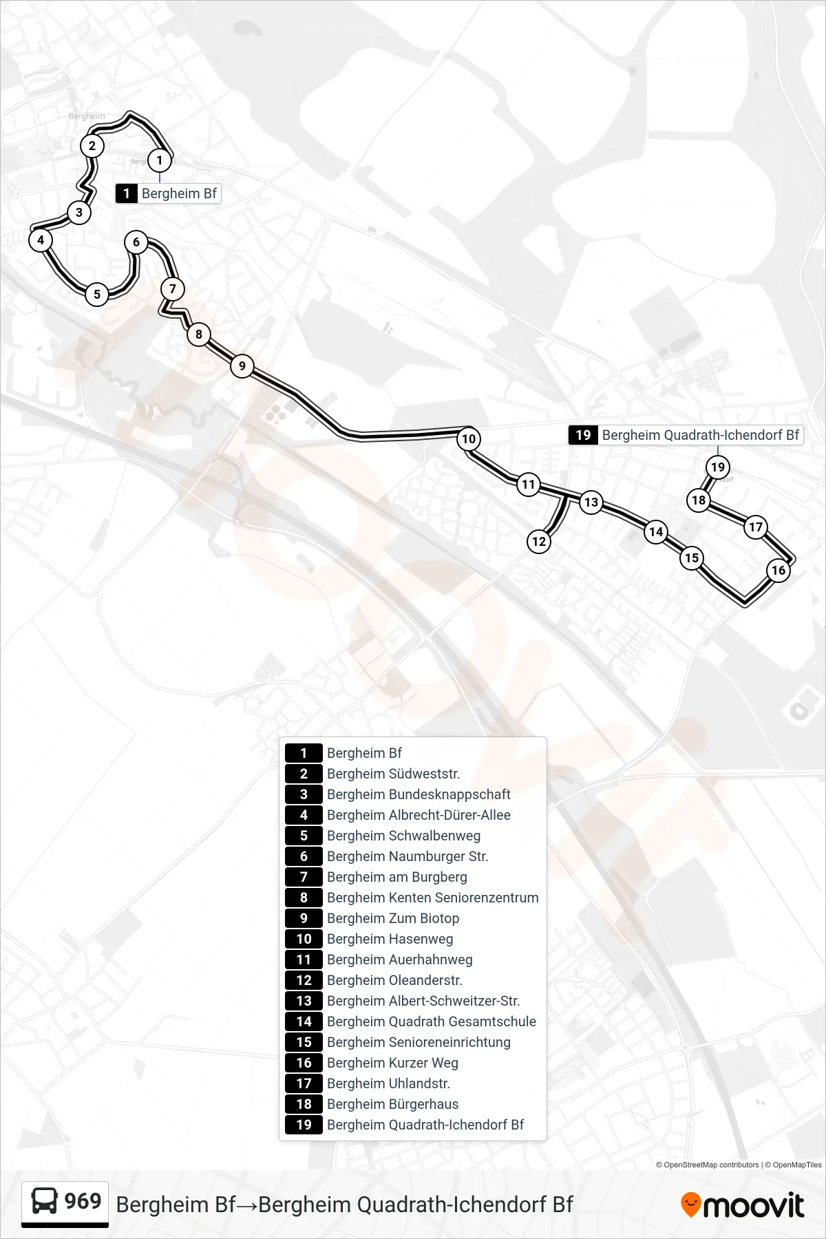 Linie 969 (Bus) Richtung Bergheim Bf→Bergheim Quadrath-Ichendorf Bf: Route und Haltestellen auf der Karte