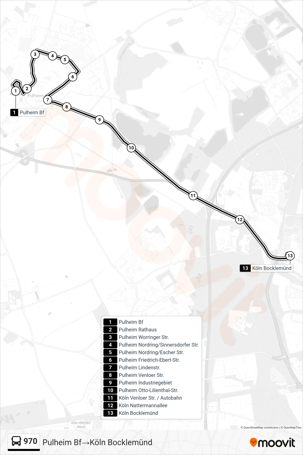 Linie 970 (Bus) Richtung Pulheim Bf→Köln Bocklemünd: Route und Haltestellen auf der Karte