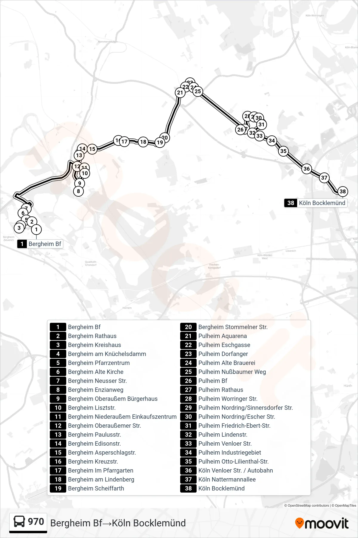 Linie 970 (Bus) Richtung Bergheim Bf‎→Köln Bocklemünd: Route und Haltestellen auf der Karte