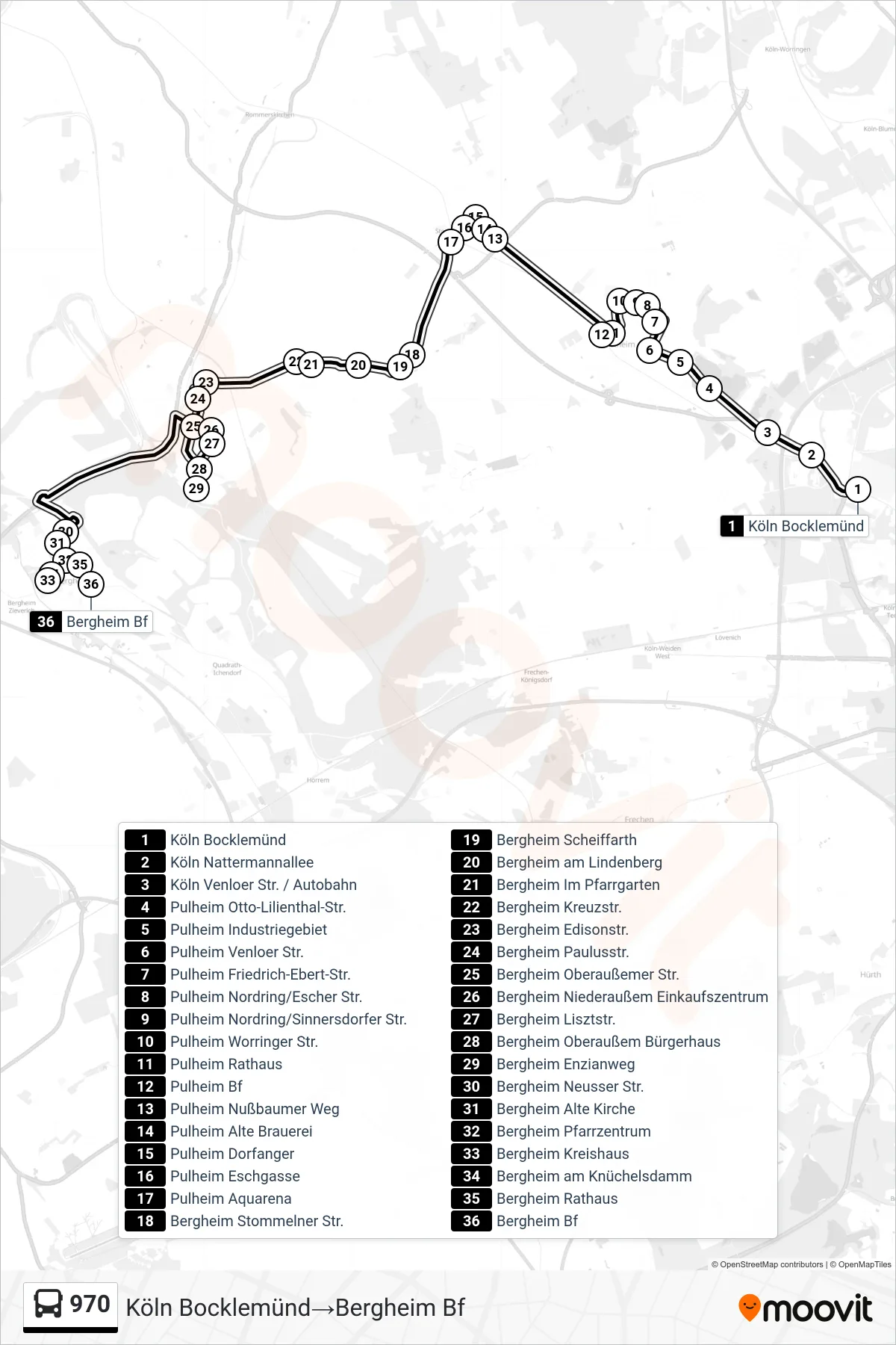 Linie 970 (Bus) Richtung Köln Bocklemünd‎→Bergheim Bf: Route und Haltestellen auf der Karte