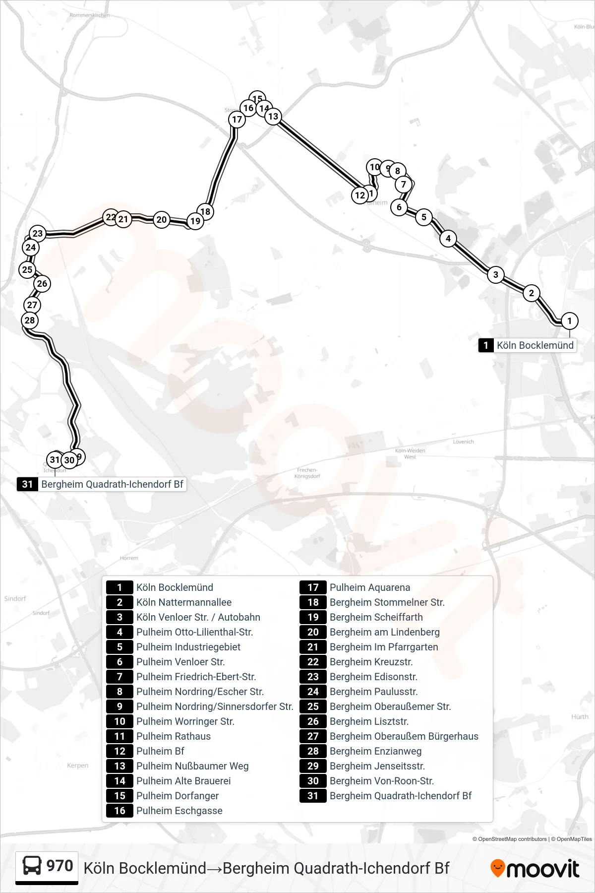Linie 970 (Bus) Richtung Köln Bocklemünd→Bergheim Quadrath-Ichendorf Bf: Route und Haltestellen auf der Karte