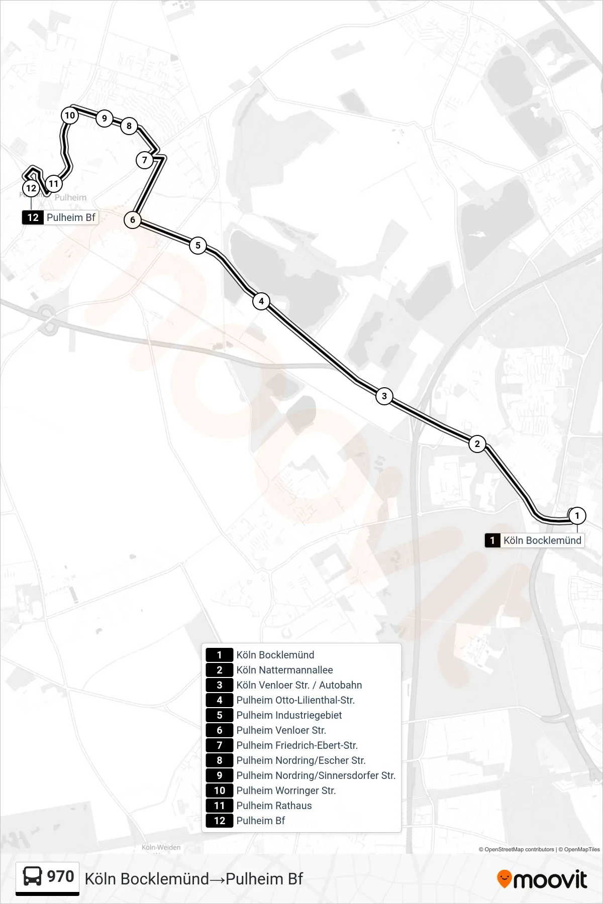 Linie 970 (Bus) Richtung Köln Bocklemünd‎→Pulheim Bf: Route und Haltestellen auf der Karte