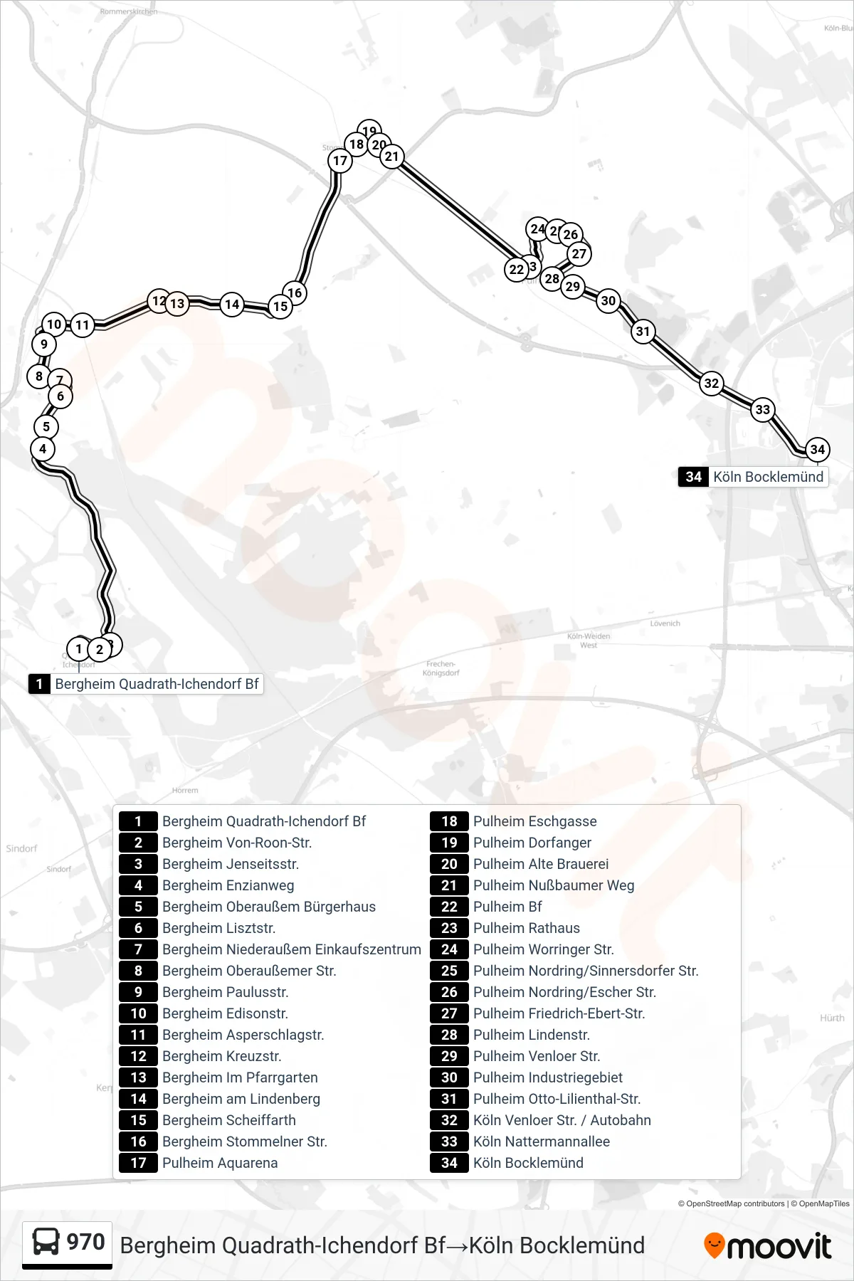 Linie 970 (Bus) Richtung Bergheim Quadrath-Ichendorf Bf→Köln Bocklemünd: Route und Haltestellen auf der Karte