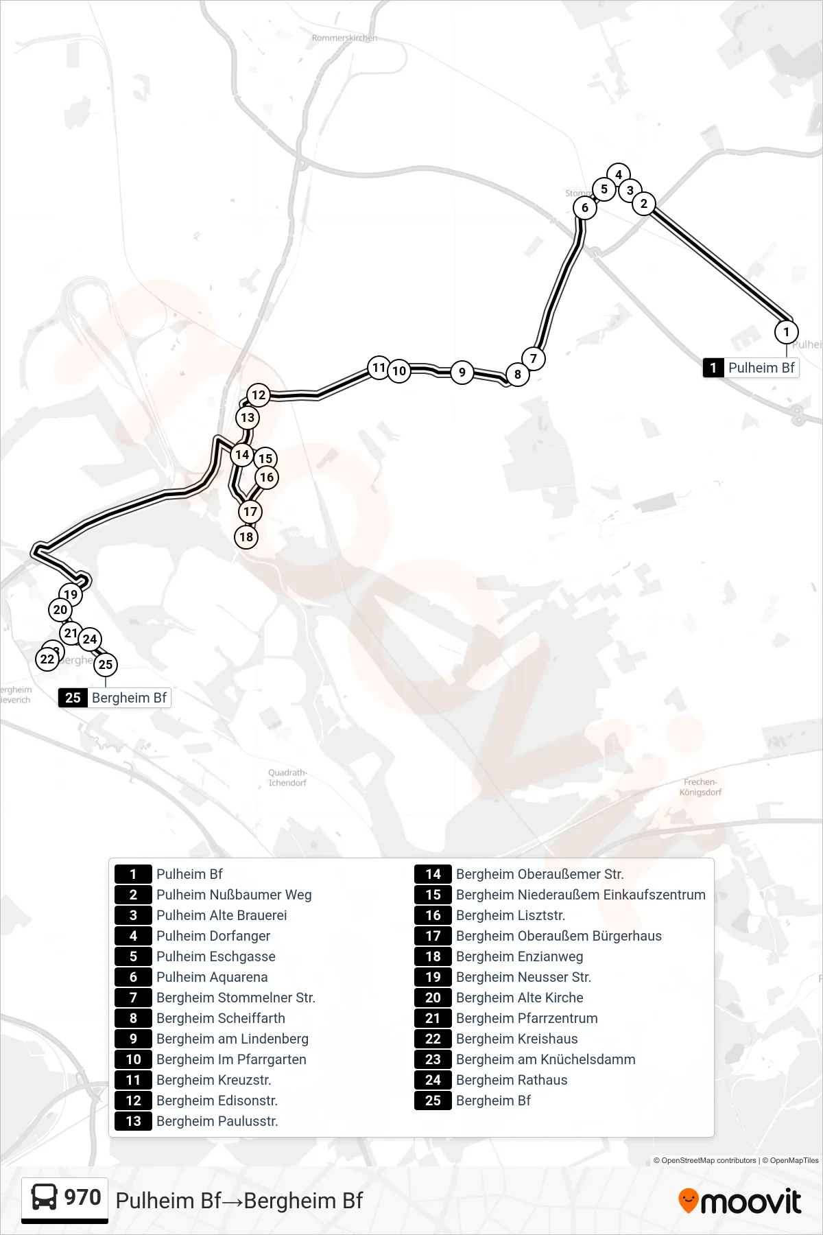Linie 970 (Bus) Richtung Pulheim Bf‎→Bergheim Bf: Route und Haltestellen auf der Karte