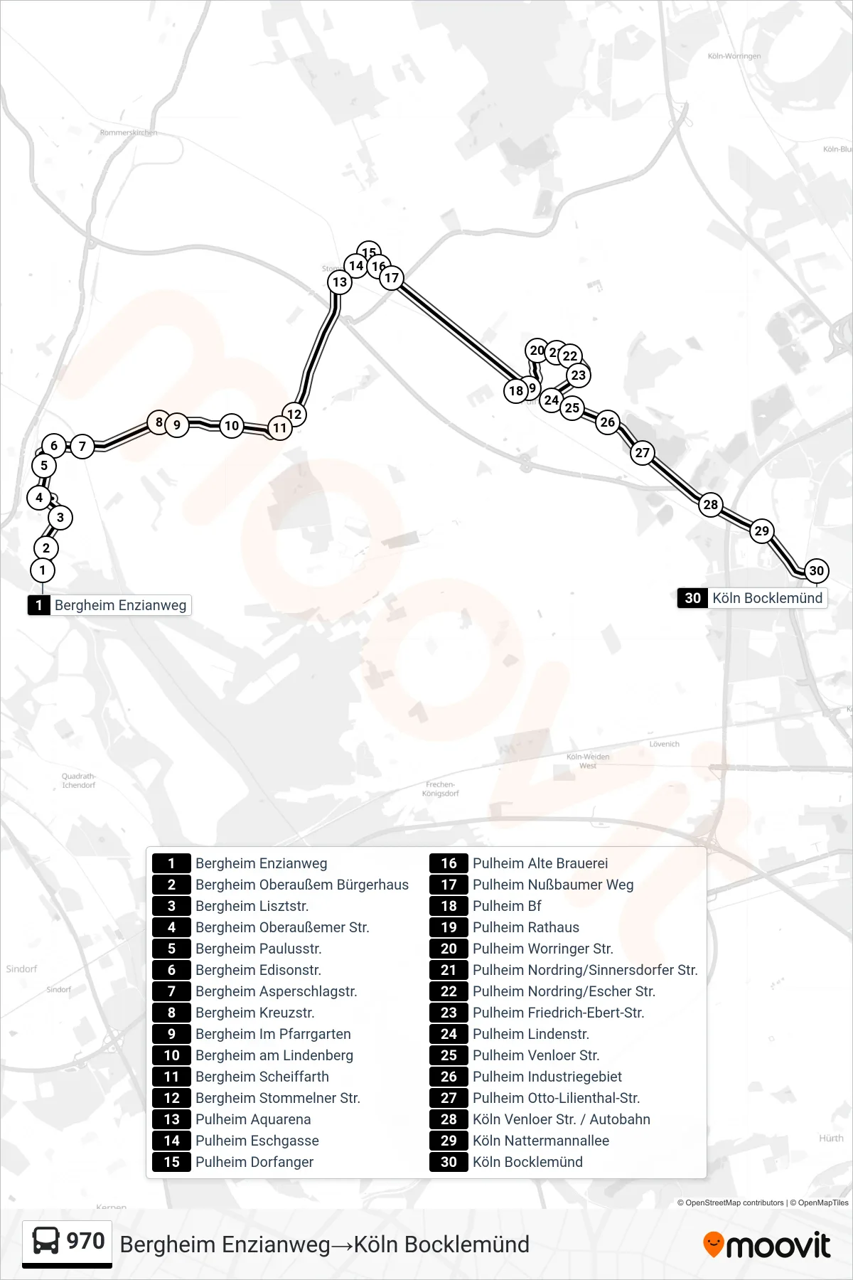 Linie 970 (Bus) Richtung Bergheim Enzianweg→Köln Bocklemünd: Route und Haltestellen auf der Karte