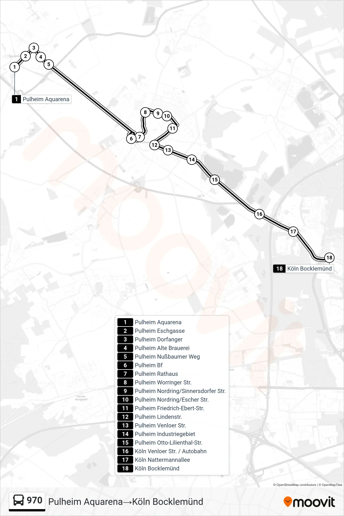 Linie 970 (Bus) Richtung Pulheim Aquarena→Köln Bocklemünd: Route und Haltestellen auf der Karte