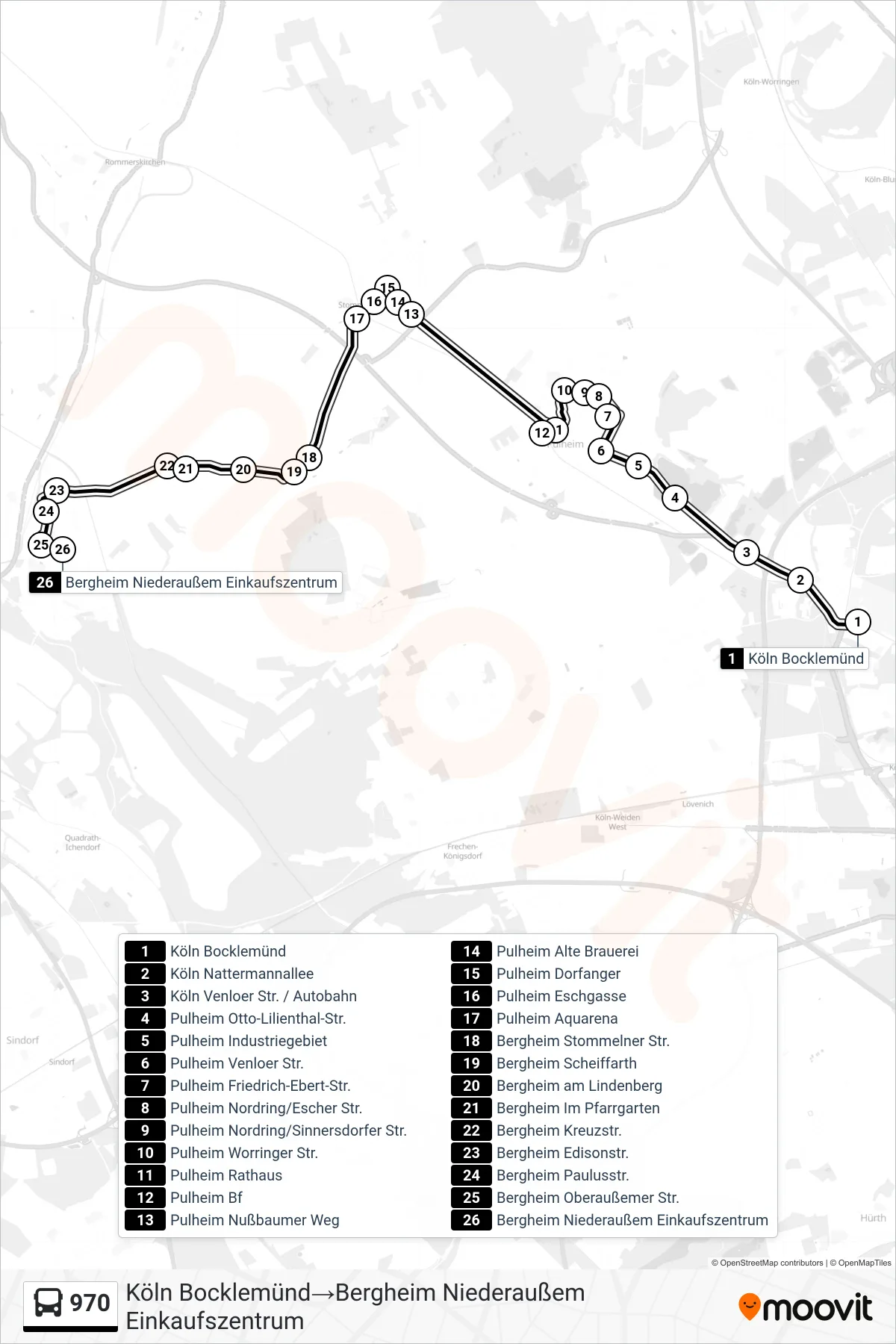 Linie 970 (Bus) Richtung Köln Bocklemünd‎→Bergheim Niederaußem Einkaufszentrum: Route und Haltestellen auf der Karte