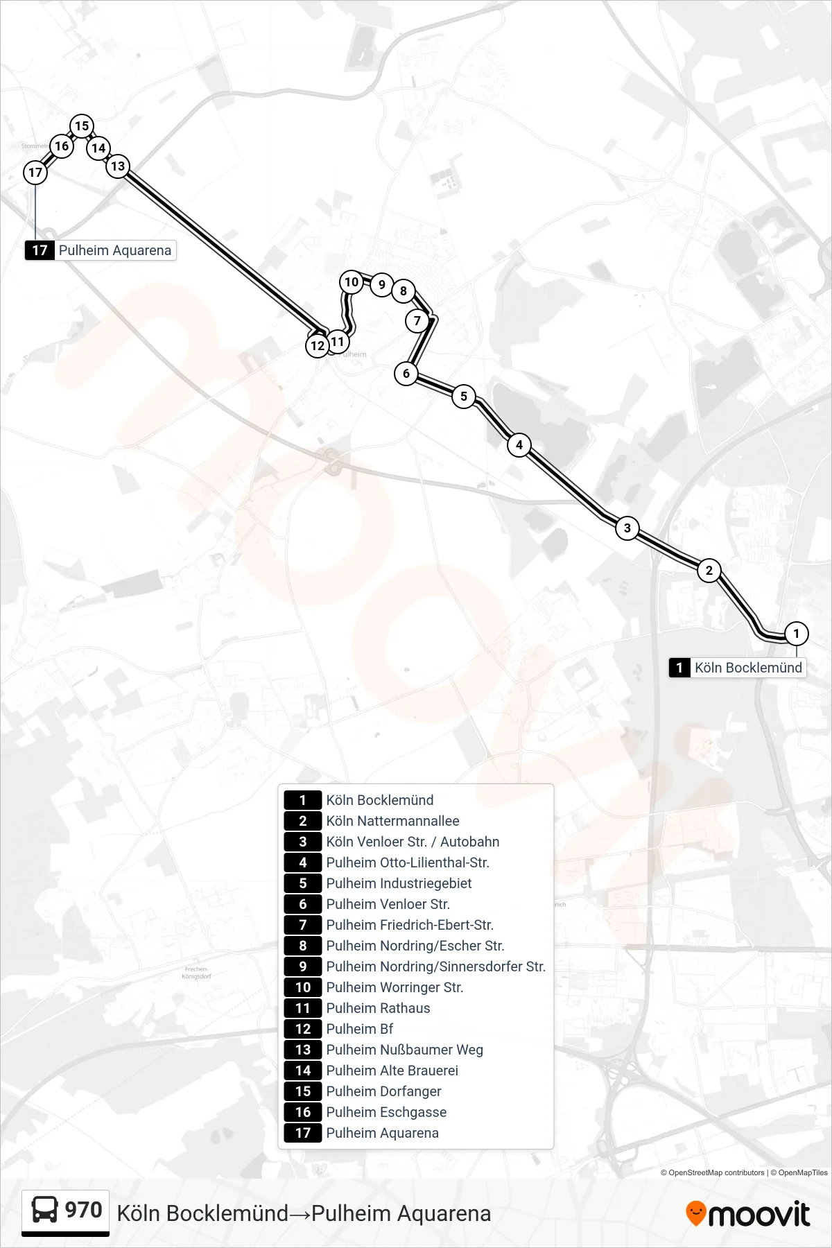 Linie 970 (Bus) Richtung Köln Bocklemünd‎→Pulheim Aquarena: Route und Haltestellen auf der Karte