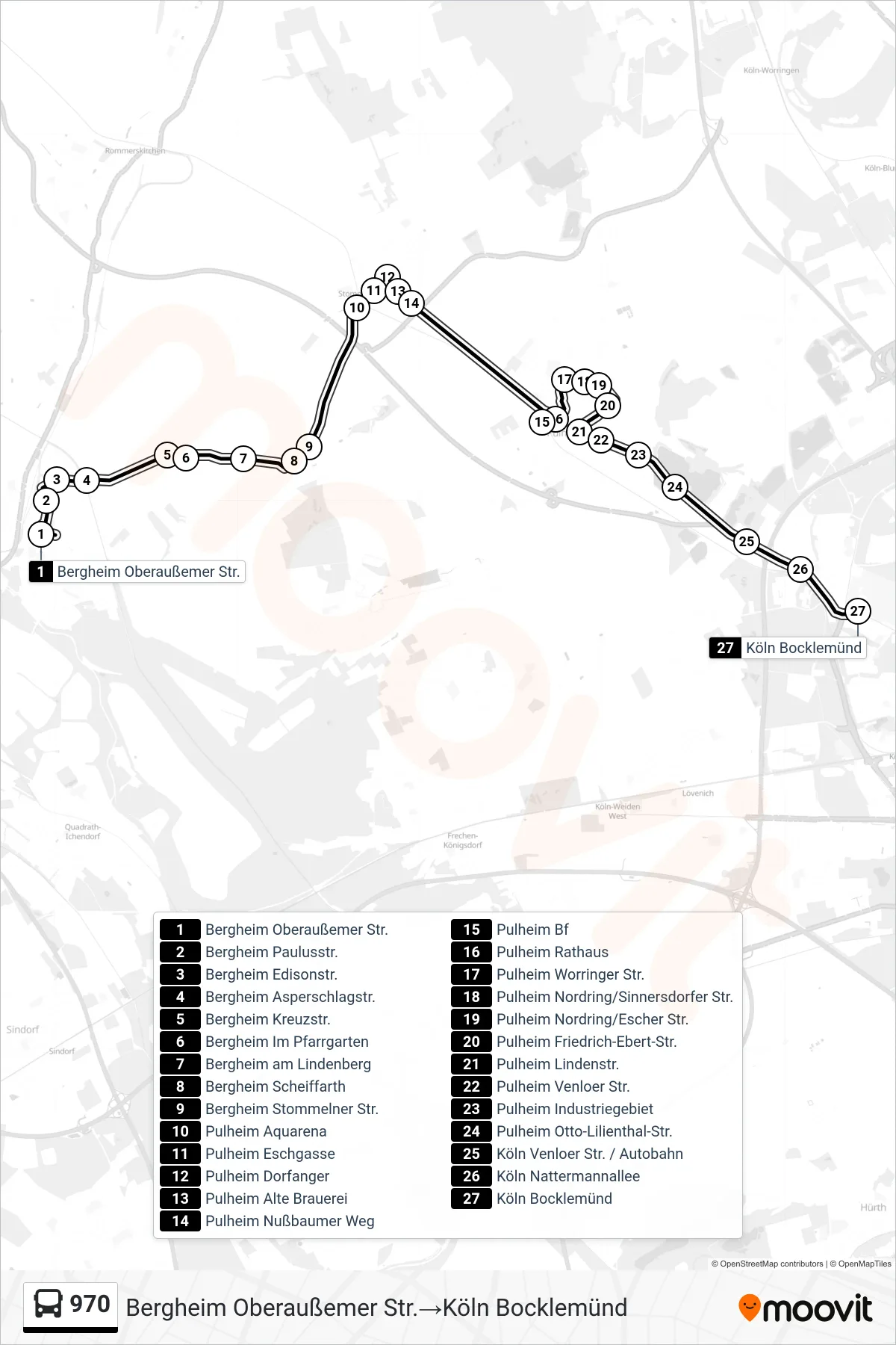 Linie 970 (Bus) Richtung Bergheim Oberaußemer Str.→Köln Bocklemünd: Route und Haltestellen auf der Karte