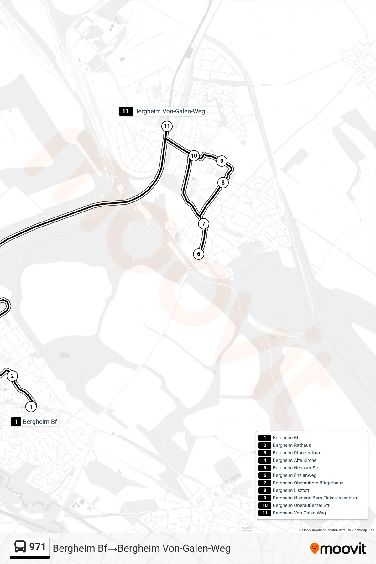 Linie 971 (Bus) Richtung Bergheim Bf→Bergheim Von-Galen-Weg: Route und Haltestellen auf der Karte