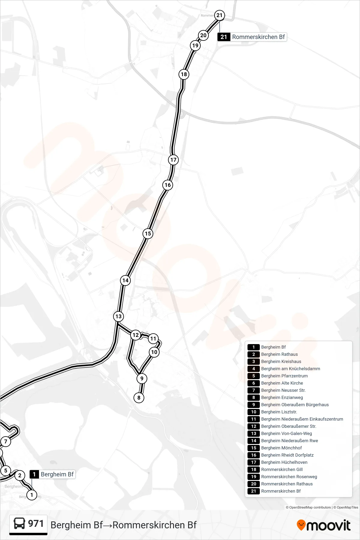 Linie 971 (Bus) Richtung Bergheim Bf→Rommerskirchen Bf: Route und Haltestellen auf der Karte