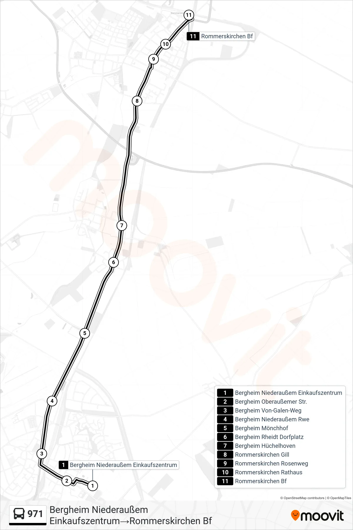 Linie 971 (Bus) Richtung Bergheim Niederaußem Einkaufszentrum→Rommerskirchen Bf: Route und Haltestellen auf der Karte