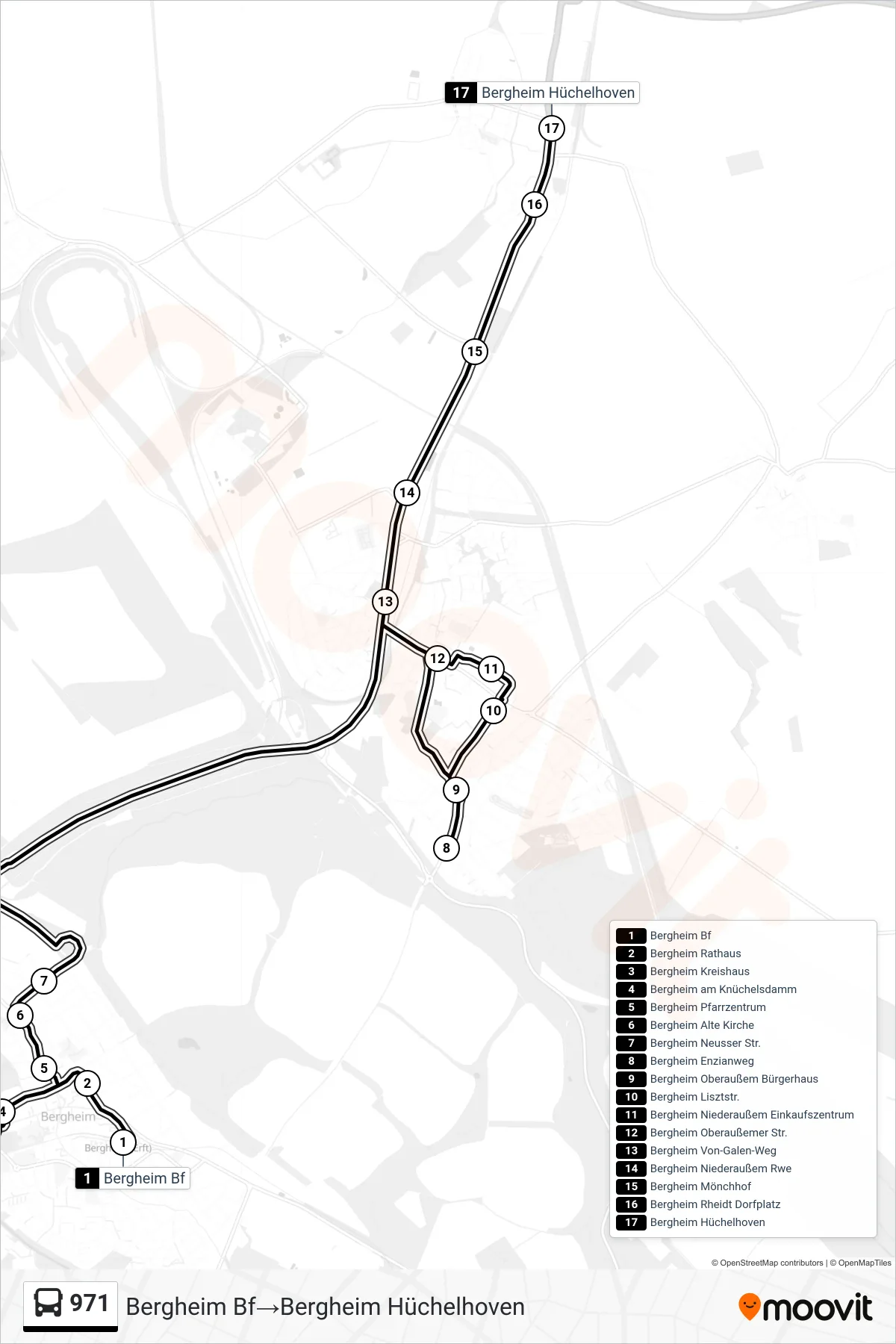 Linie 971 (Bus) Richtung Bergheim Bf→Bergheim Hüchelhoven: Route und Haltestellen auf der Karte